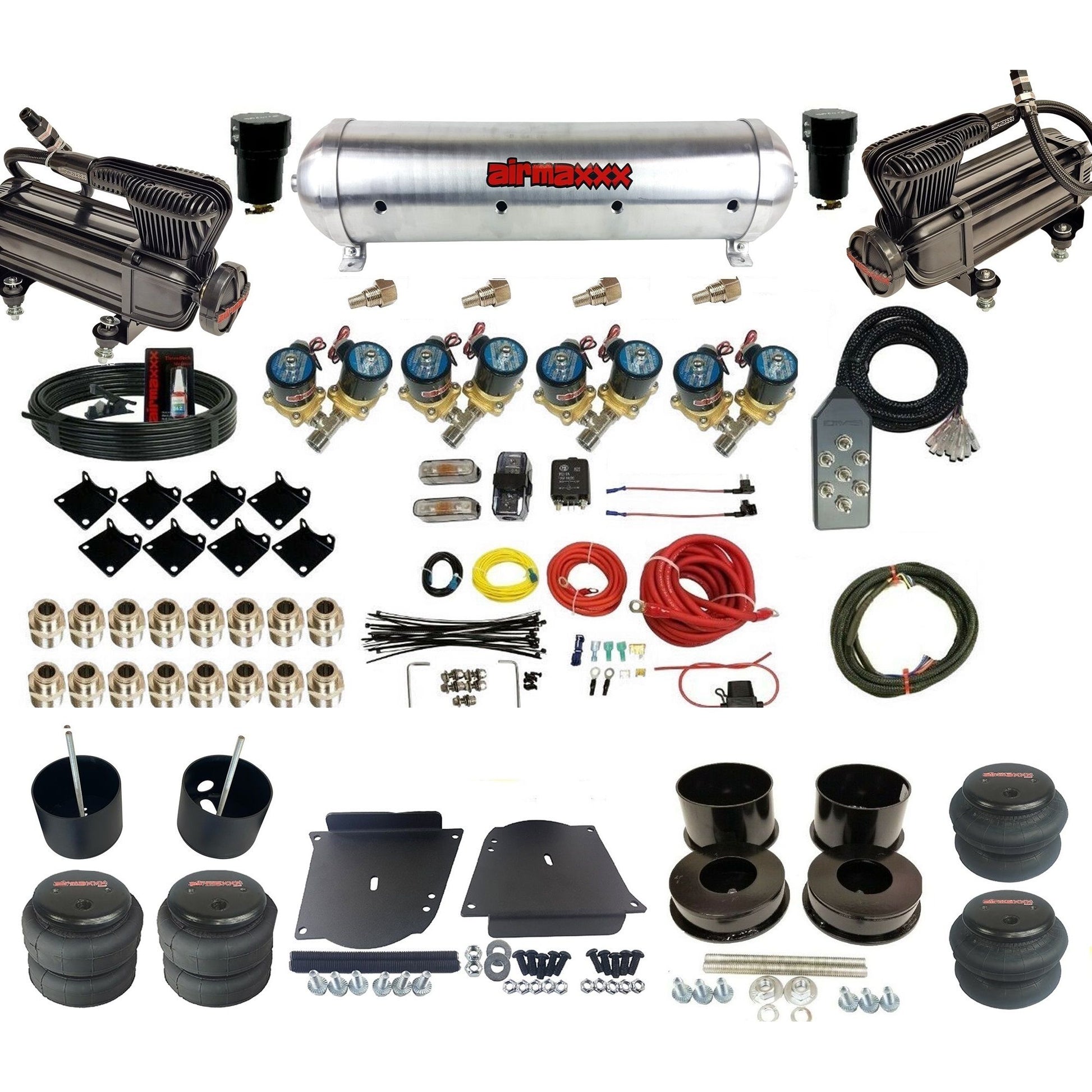 airmaxxx 1/2 fast bag air suspension kit  x-series compressors aluminum tank 2500/2600 bags fits 1964 1972 gm a body KABDY-XB2-812-59ARW-7TBK-WK-HF