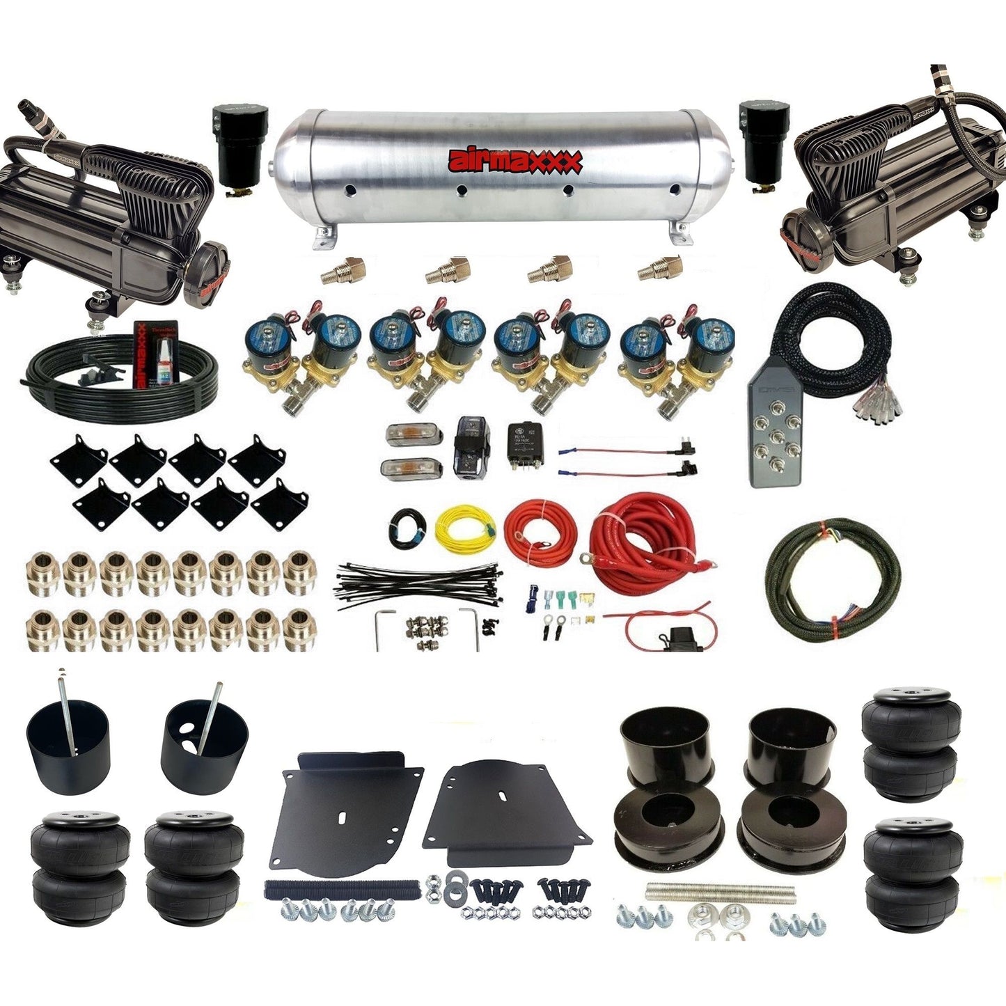 airmaxxx 1/2 fast bag air suspension kit  x-series compressors aluminum tank airlift bags fits 1964 1972 gm a body KABDY-XB2-812-59ARW-7TBK-WK-HFD25