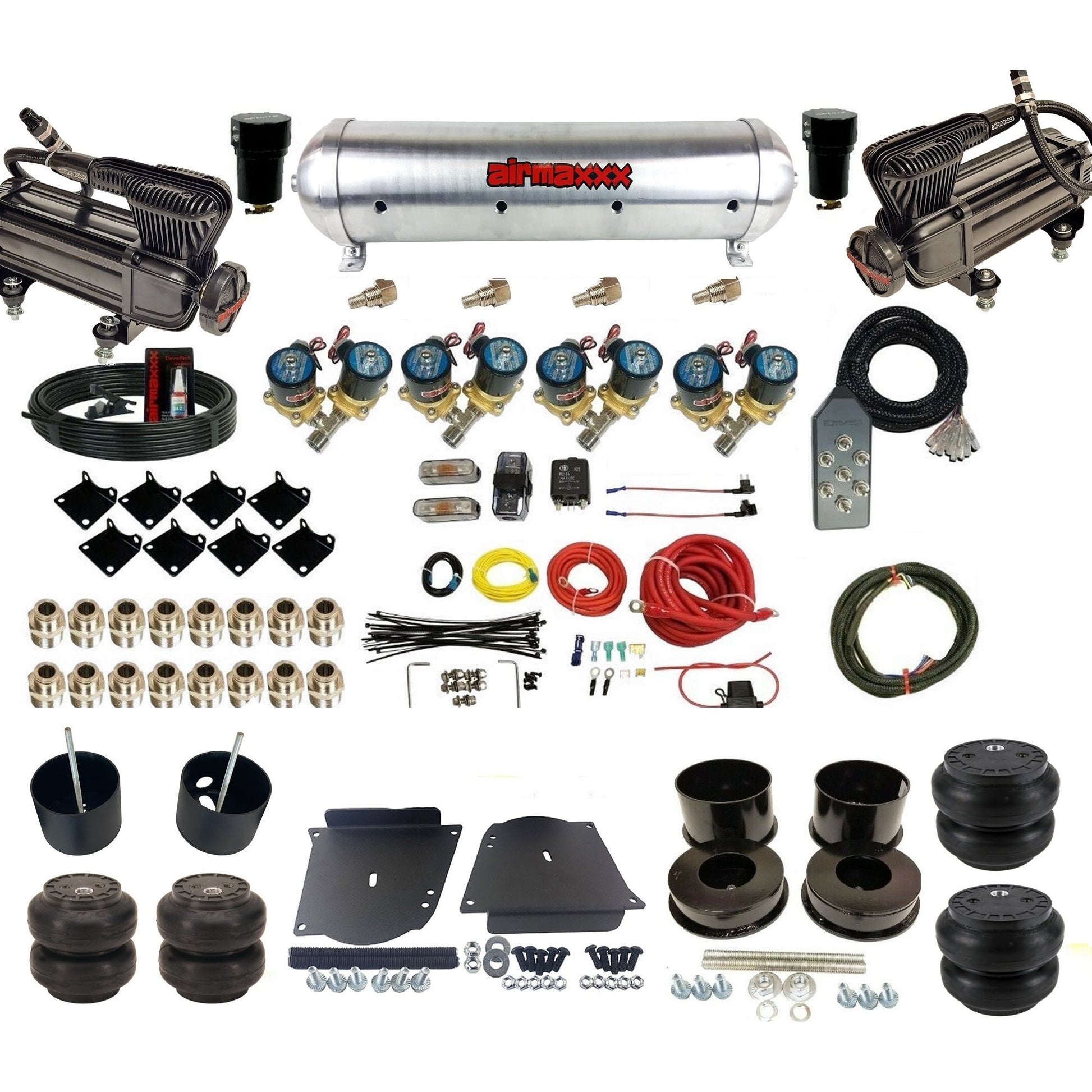 airmaxxx 1/2 fast bag air suspension kit  x-series compressors aluminum tank slam bags fits 1964 1972 gm a body KABDY-XB2-812-59ARW-7TBK-WK-HFSS6SS7