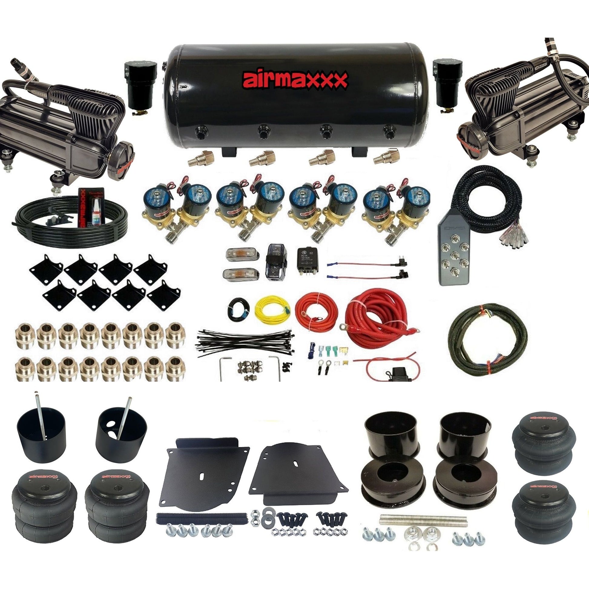 airmaxxx 1/2 fast bag air suspension kit  x-series compressors steel tank 2500/2600 bags fits 1964 1972 gm a body KABDY-XB2-812-89S-7TBK-WK-HF