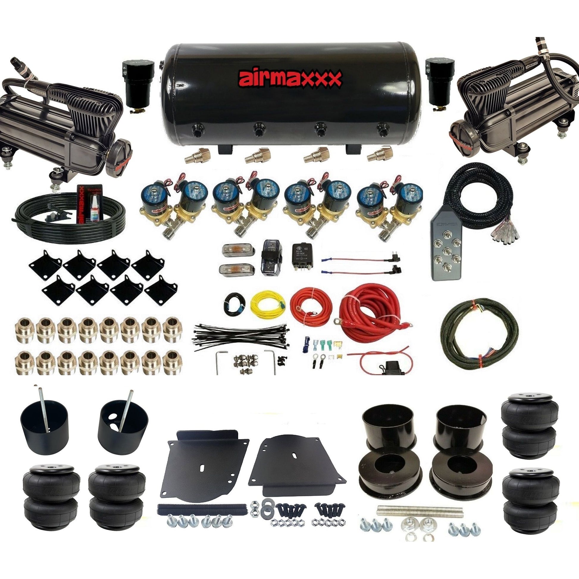airmaxxx 1/2 fast bag air suspension kit  x-series compressors steel tank airlift bags fits 1964 1972 gm a body KABDY-XB2-812-89S-7TBK-WK-HFD25