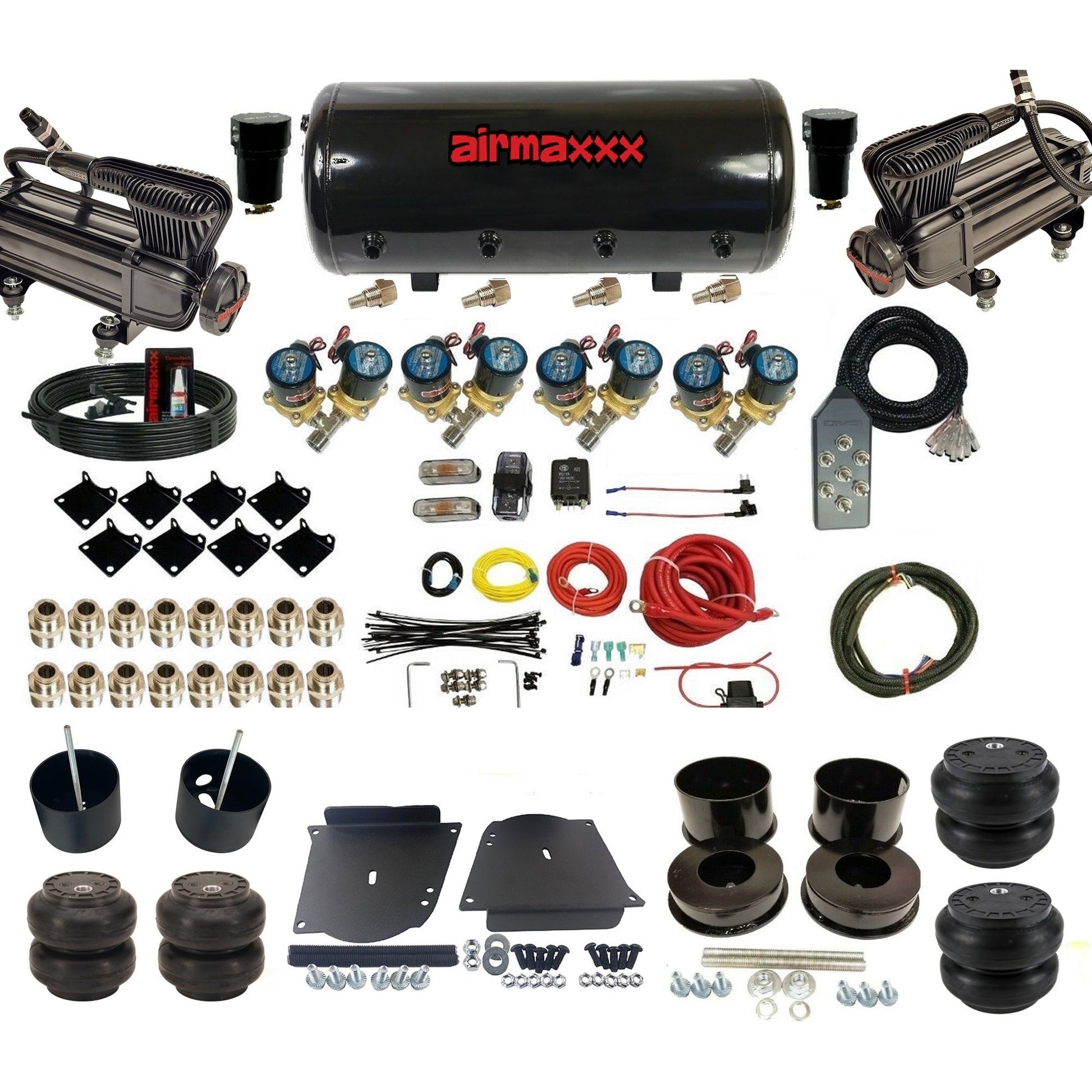 airmaxxx 1/2 fast bag air suspension kit  x-series compressors steel tank slam bags fits 1964 1972 gm a body KABDY-XB2-812-89S-7TBK-WK-HFSS6SS7