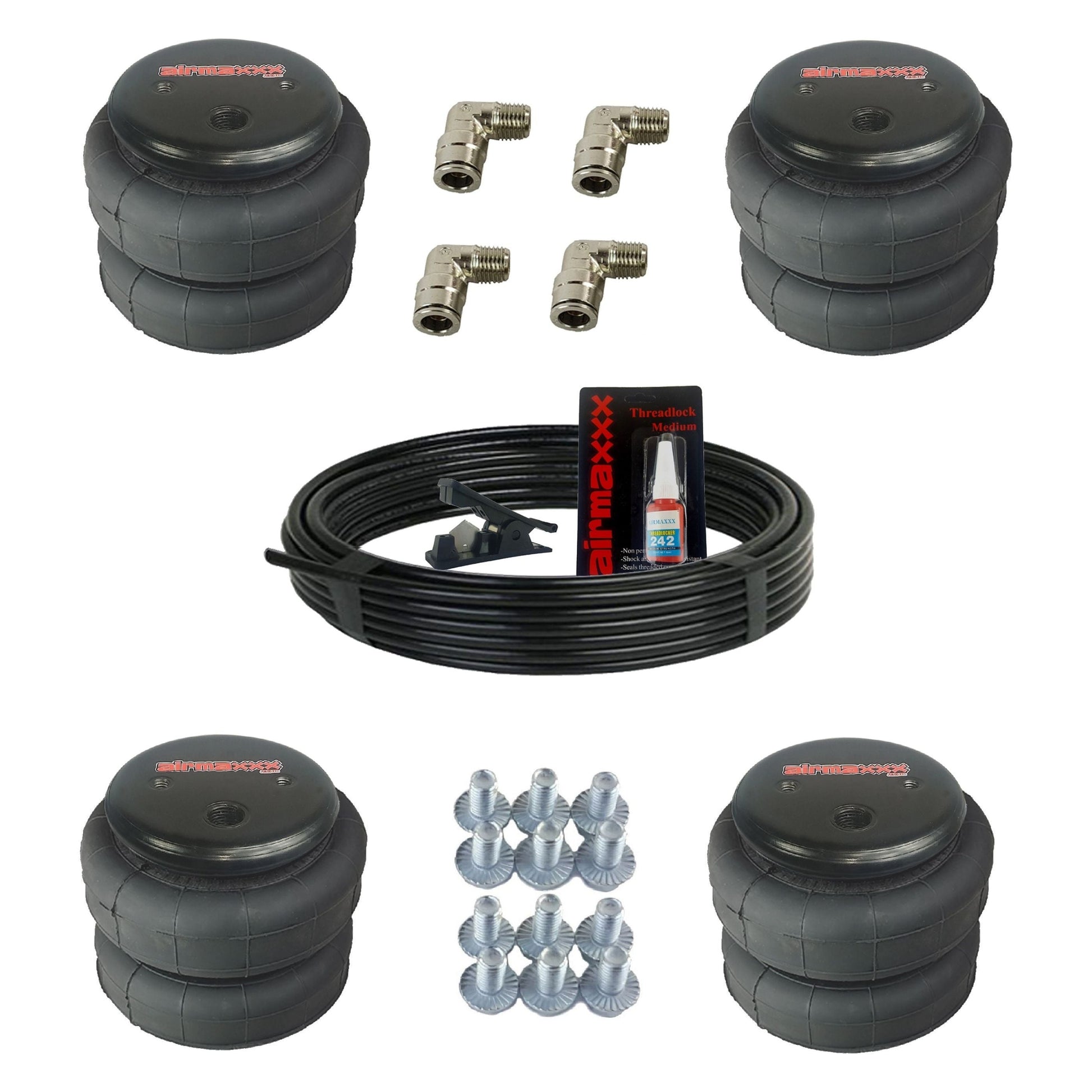 airmaxxx 2500 lb double convoluted air springs for custom builds with air line & elbow fittings