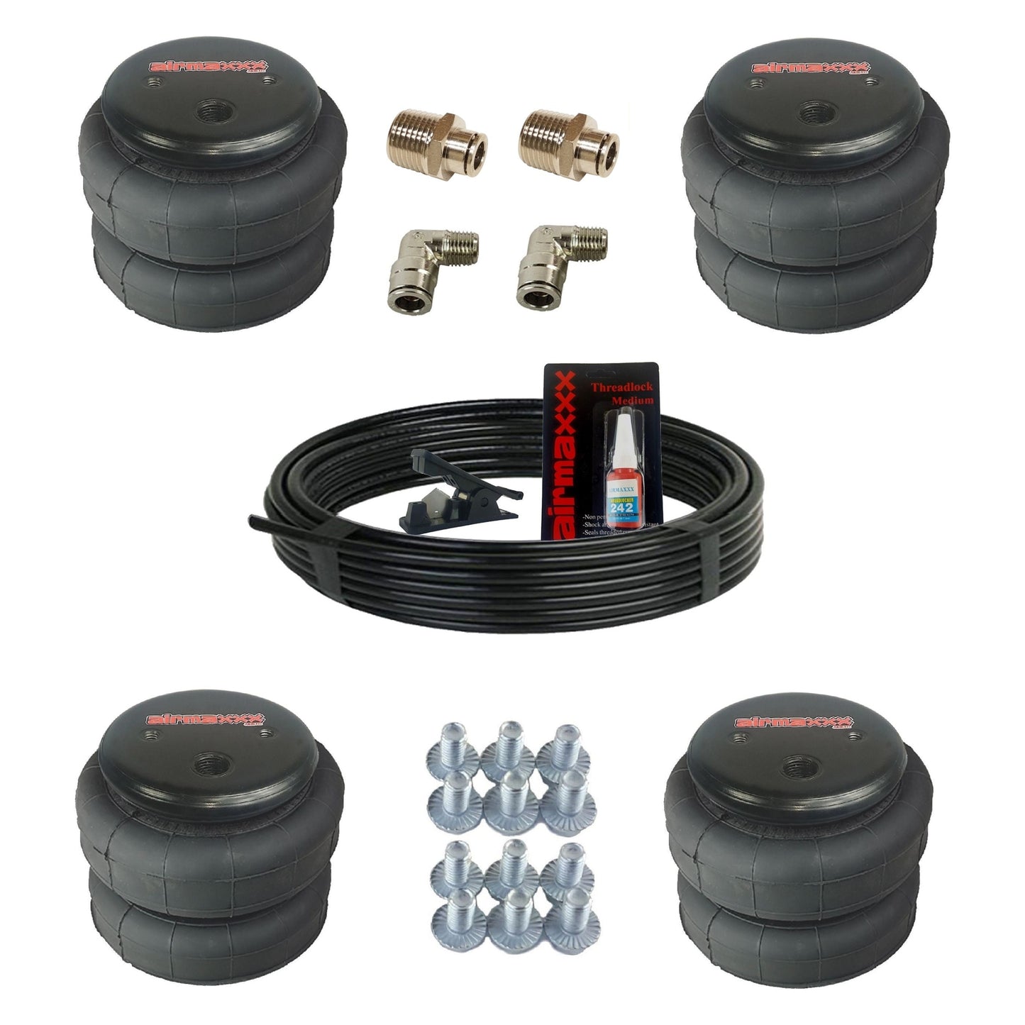 airmaxxx 2500 lb double convoluted air springs for custom builds with air line & elbow/straight fittings