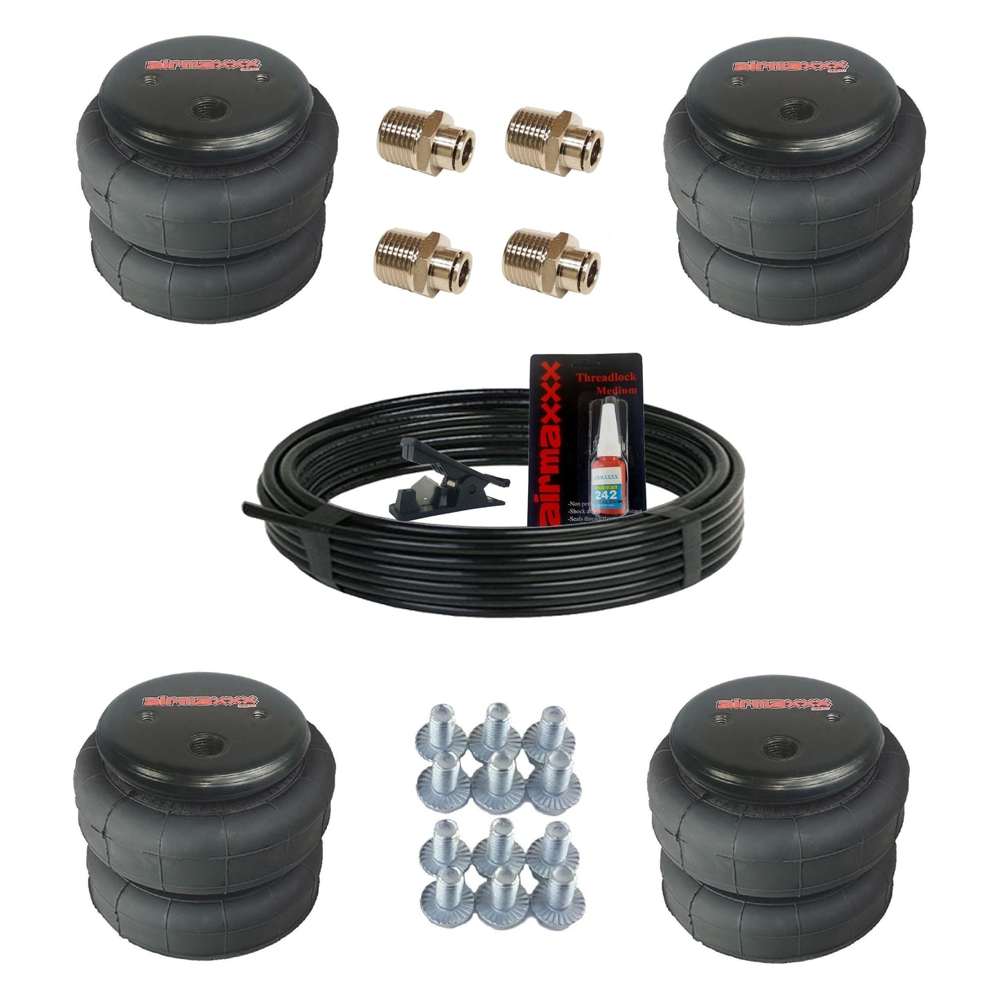 airmaxxx 2500 lb double convoluted air springs for custom builds with air line & straight fittings