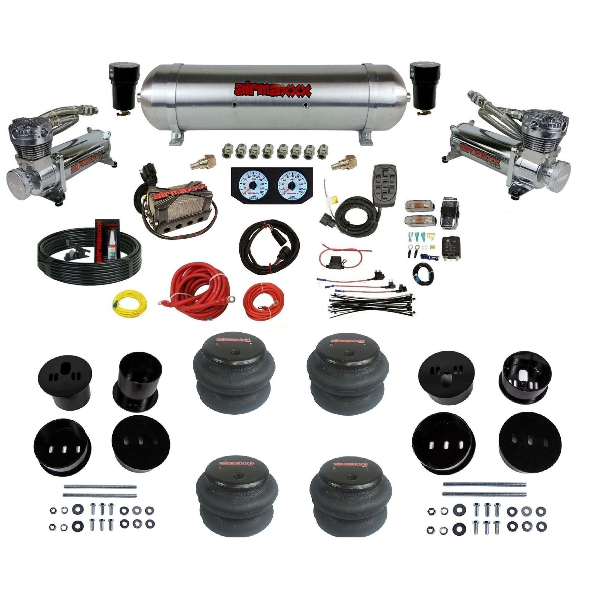 airmaxxx 3/8" 480 chrome air compressor raw aluminum tank 2600 bags & brackets kit for 1958-1960 Cadillac KCAD58-480C2-57ARW-X4X7-WK-HF