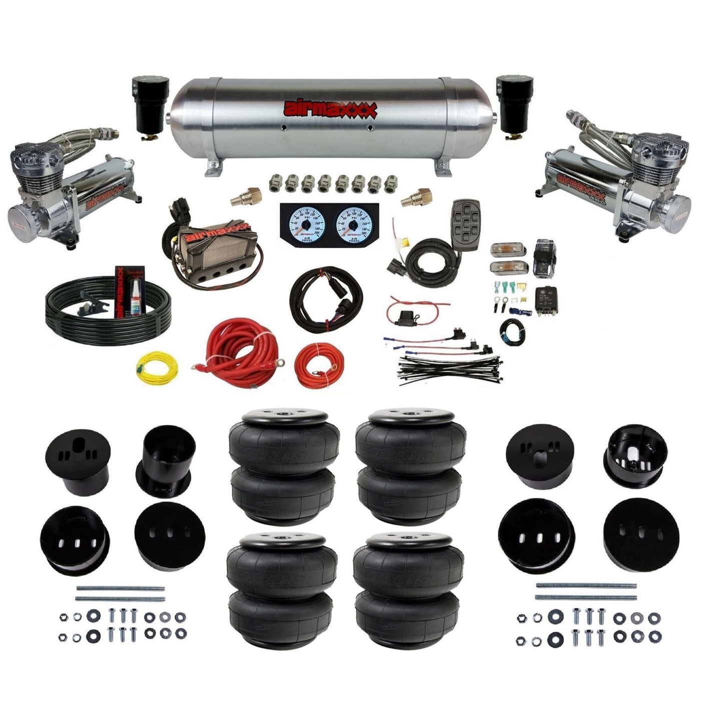 airmaxxx 3/8" 480 chrome air compressor raw aluminum tank Air Lift bags & brackets kit for 1958-1960 Cadillac KCAD58-480C2-57ARW-X4X7-WK-HFD25