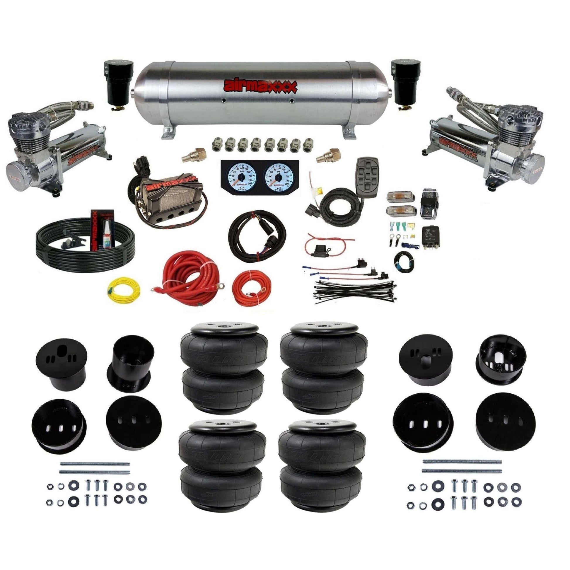 airmaxxx 3/8" 480 chrome air compressor raw aluminum tank Air Lift bags & brackets kit for 1958-1960 Cadillac KCAD58-480C2-57ARW-X4X7-WK-HFD25