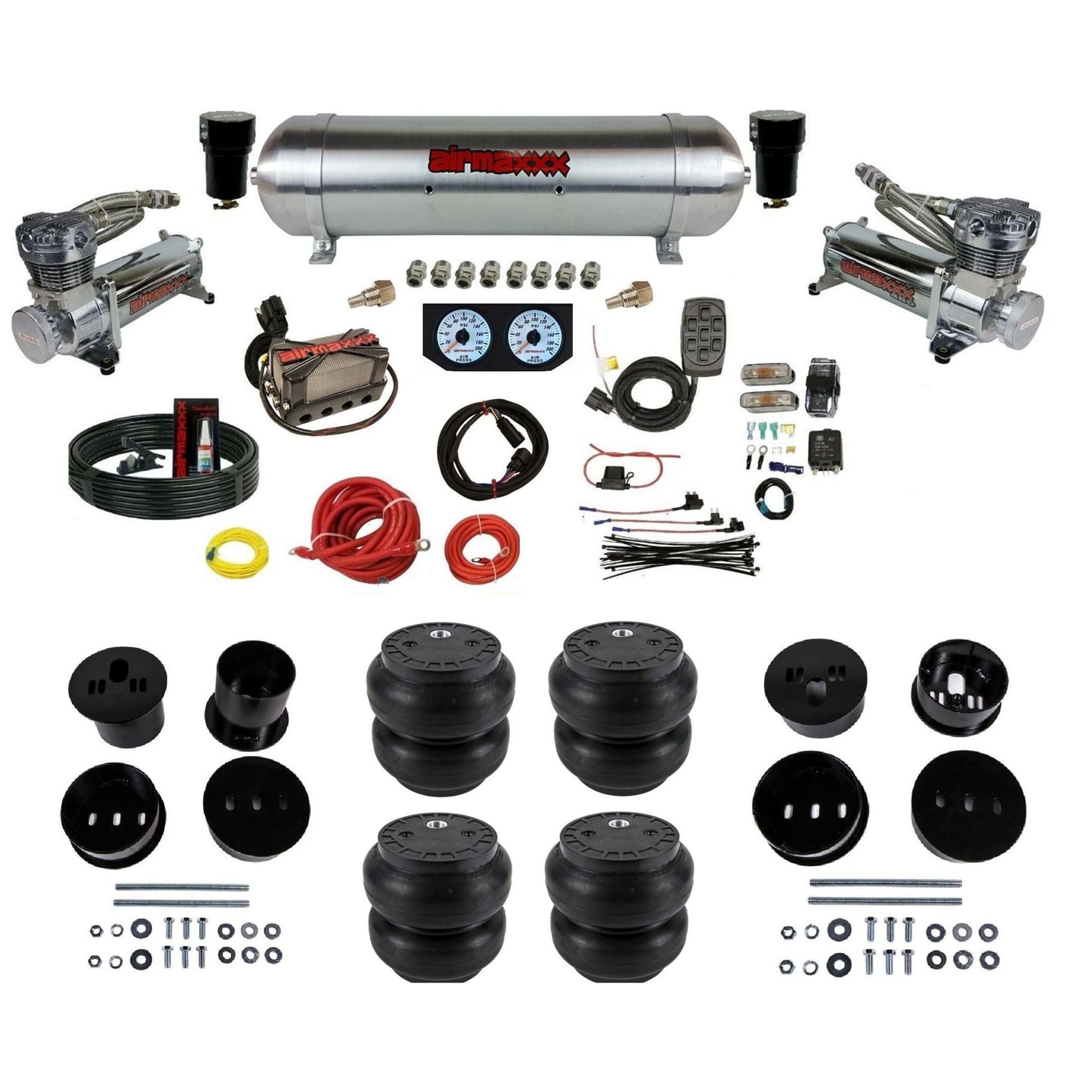 airmaxxx 3/8" 480 chrome air compressor raw aluminum tank Slam bags & brackets kit for 1958-1960 Cadillac KCAD58-480C2-57ARW-X4X7-WK-HFSS7