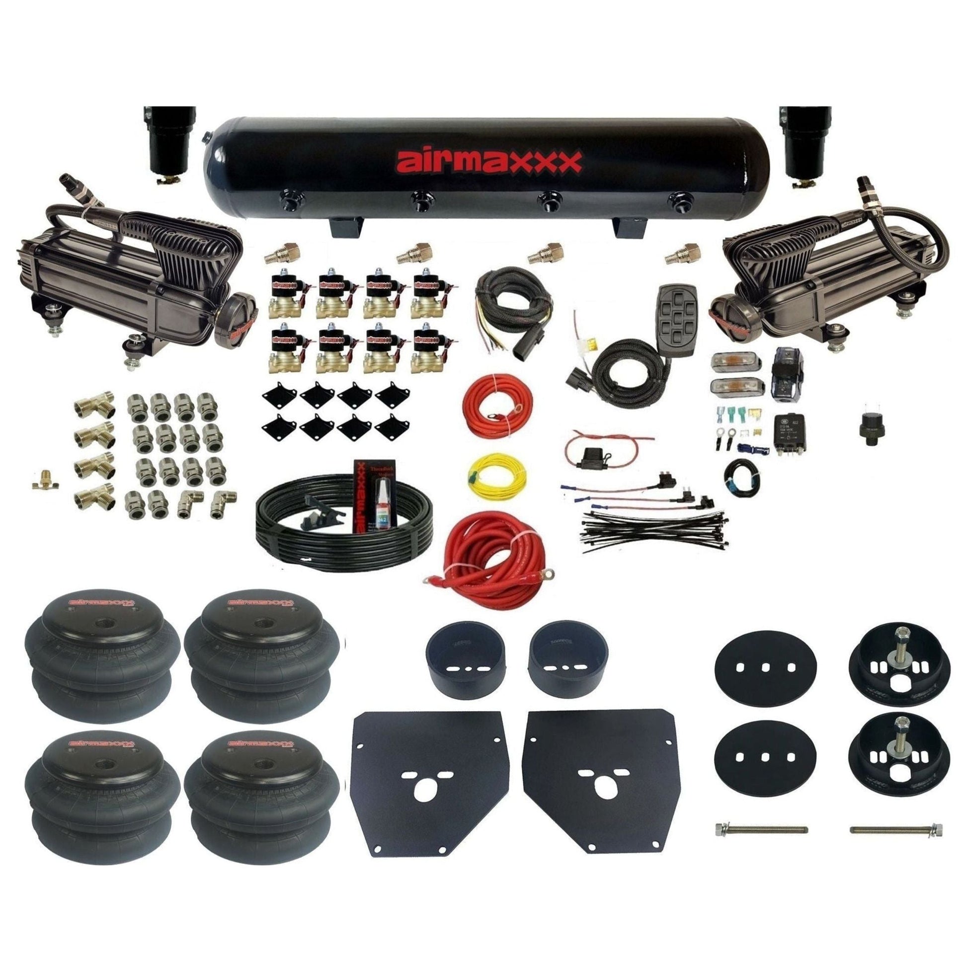 airmaxxx 3/8" Air Suspension Kit 480 black air compressors black aluminum air tank 2600 bags & brackets Fits 1963-72 Chevy C10 2wd KC1063-XB2-838-59S-7BK-WK-HF