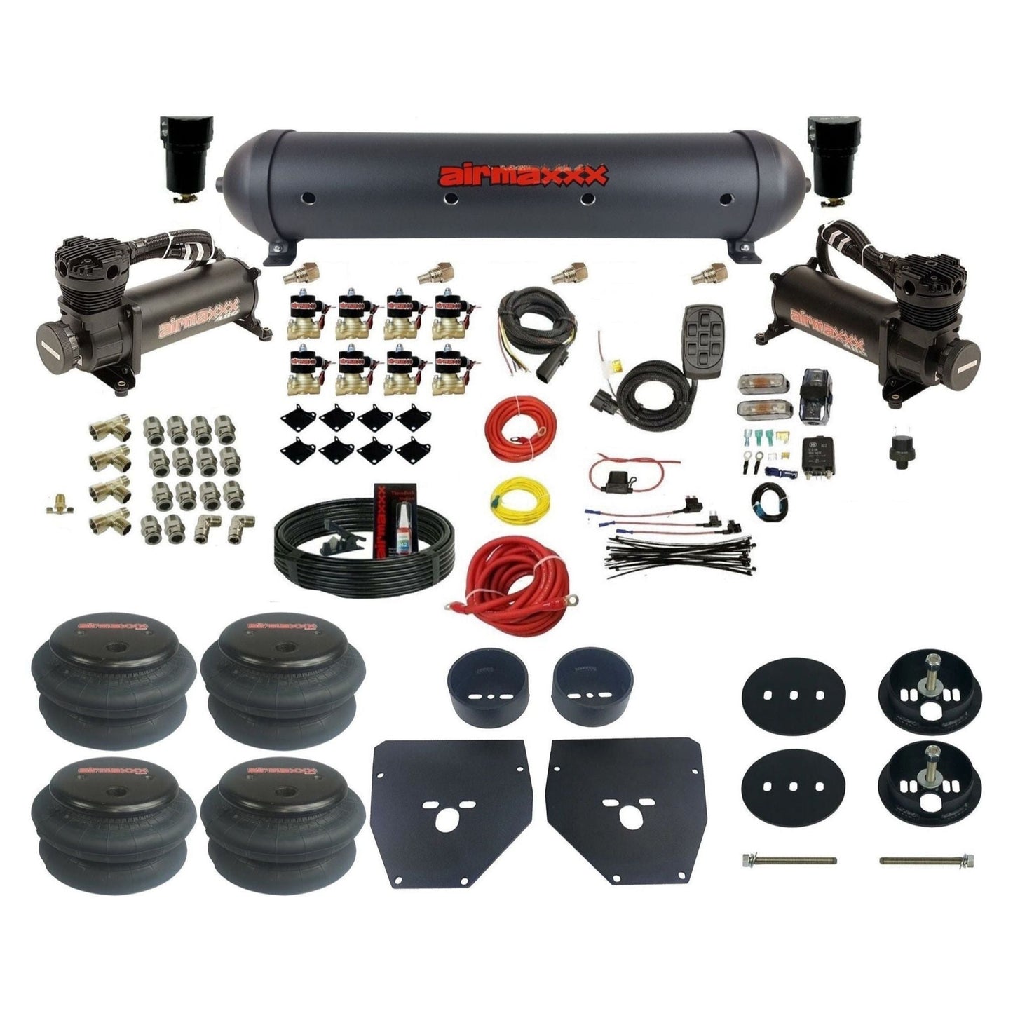 airmaxxx 3/8" Air Suspension Kit Black 480 air compressors black aluminum air tank 2600 bags & brackets Fits 1963-72 Chevy C10 2wd KC1063-480B2-838-59ABK-7BK-WK-HF