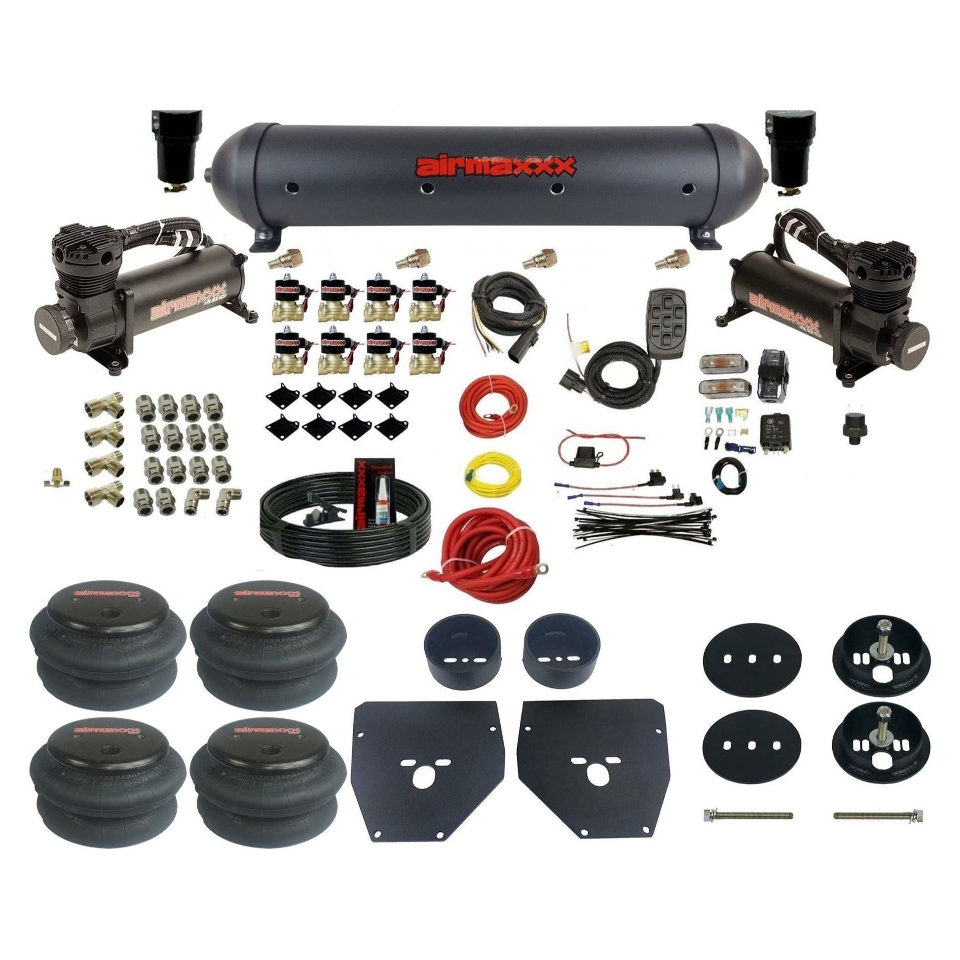 airmaxxx 3/8" Air Suspension Kit Black 480 air compressors black aluminum air tank 2600 bags & brackets Fits 1963-72 Chevy C10 2wd KC1063-480B2-838-59ABK-7BK-WK-HF