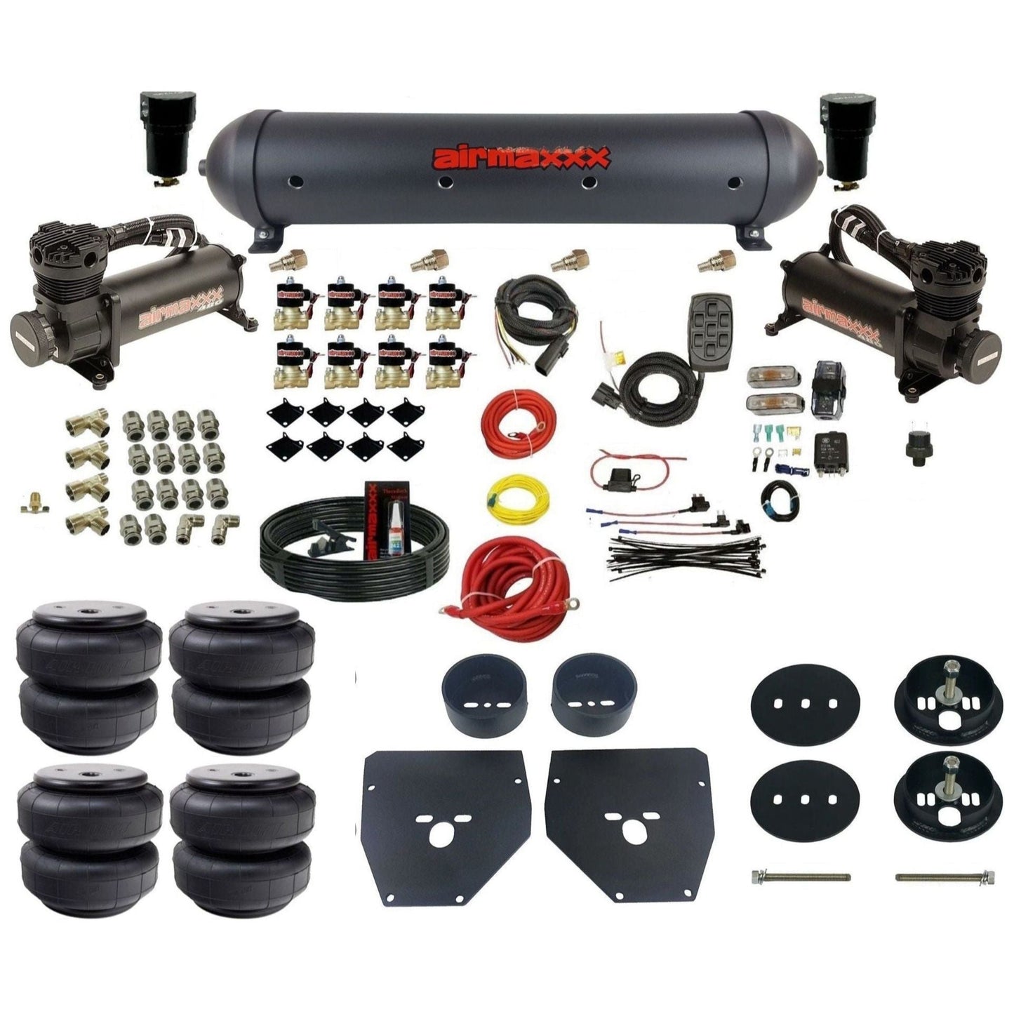 airmaxxx 3/8" Air Suspension Kit Black 480 air compressors black aluminum air tank Air Lift bags & brackets Fits 1963-72 Chevy C10 2wd KC1063-480B2-838-59ABK-7BK-WK-HFD26