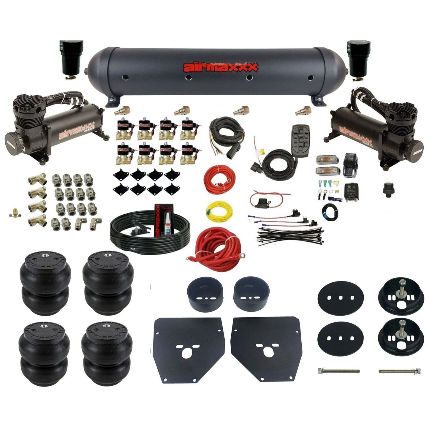 airmaxxx 3/8" Air Suspension Kit Black 480 air compressors black aluminum air tank Slam bags & brackets Fits 1963-72 Chevy C10 2wd KC1063-480B2-838-59ABK-7BK-WK-HFSS7