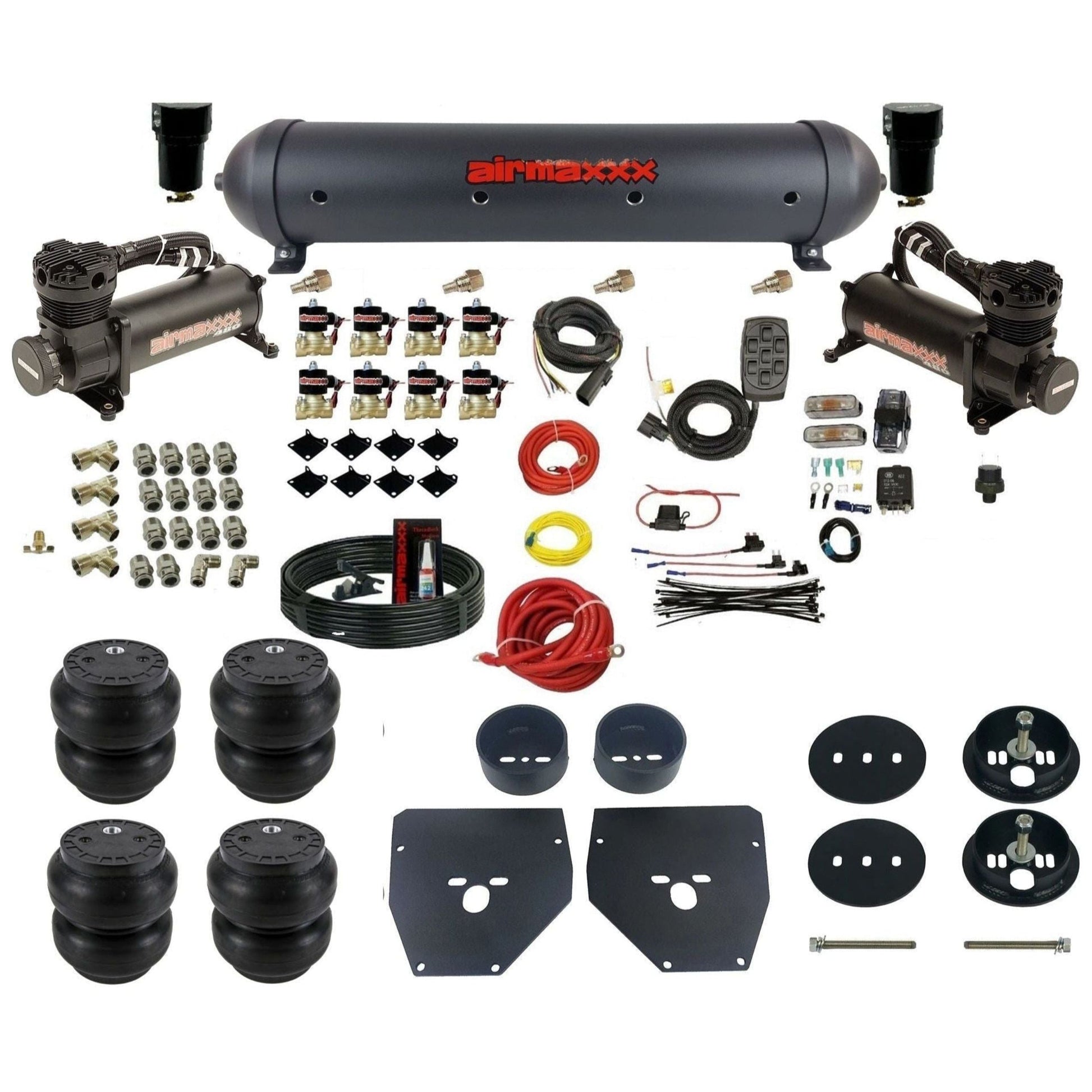 airmaxxx 3/8" Air Suspension Kit Black 480 air compressors black aluminum air tank Slam bags & brackets Fits 1963-72 Chevy C10 2wd KC1063-480B2-838-59ABK-7BK-WK-HFSS7