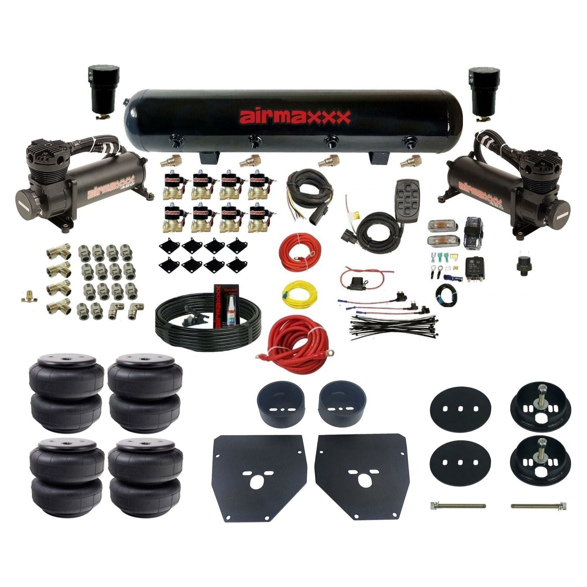 airmaxxx 3/8" Air Suspension Kit Black 480 air compressors steel air tank Air Lift bags & brackets Fits 1963-72 Chevy C10 2wd KC1063-480B2-838-59-7BK-WK-HFD26
