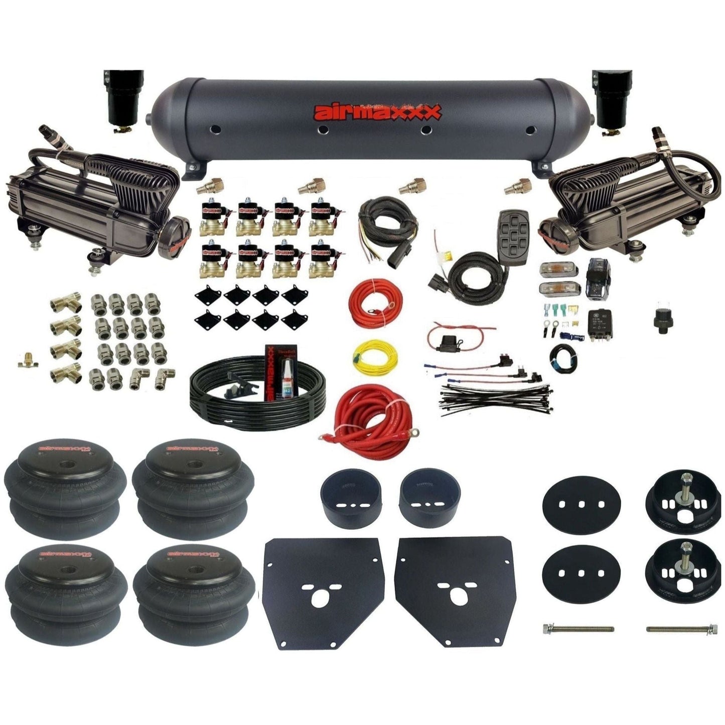 airmaxxx 3/8" Air Suspension Kit X-series air compressors black aluminum air tank 2600 bags & brackets Fits 1963-72 Chevy C10 2wd KC1063-XB2-838-59ABK-7BK-WK-HF