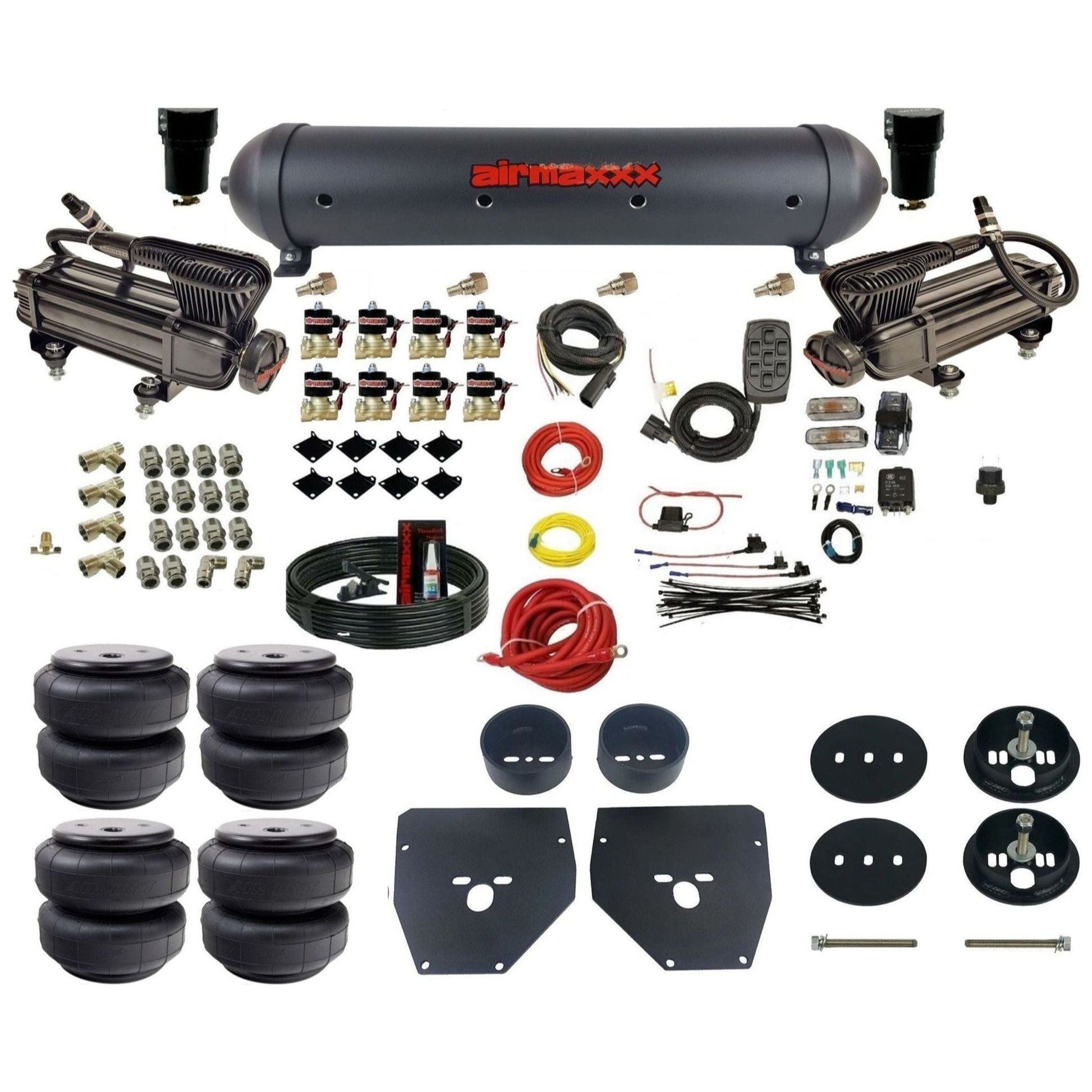 airmaxxx 3/8" Air Suspension Kit X-series air compressors black aluminum air tank Air Lift bags & brackets Fits 1963-72 Chevy C10 2wd KC1063-XB2-838-59ABK-7BK-WK-HFD26
