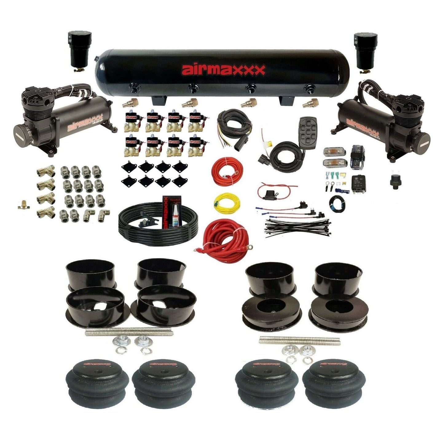 airmaxxx 3/8" Fast Bag airmaxxx Air Suspension Kit w/ Black 480 steel tank and 2600 bags Fits 1971-77 GM B-Body KBBDY-480B2-838-59-7BK-WK-HF