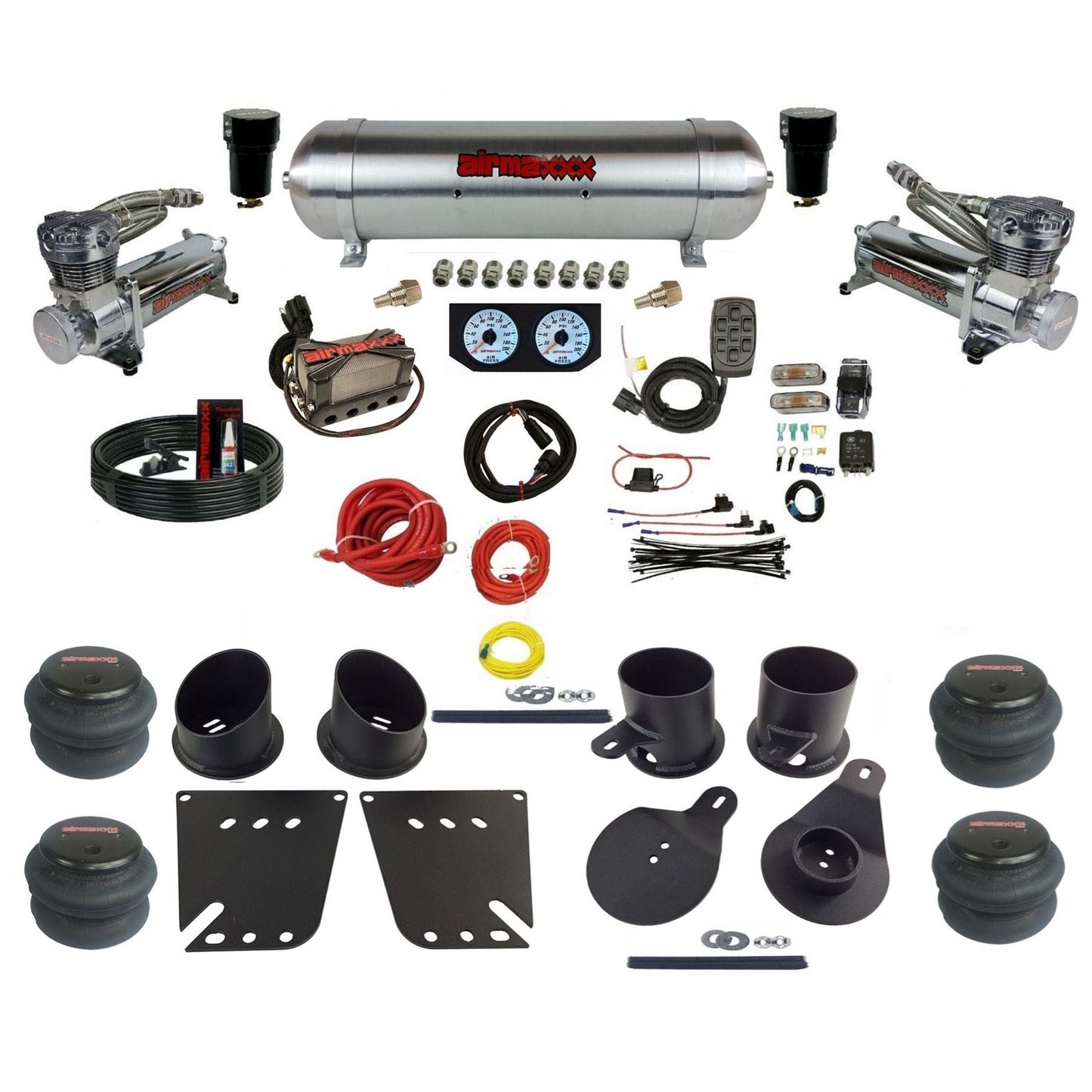 airmaxxx 3/8 Manifold Bags 480 chrome Compressors aluminum tank 2600 bags Air Ride Suspension Kit KIMP58-480C2-57ARW-X4X7-WK-HF