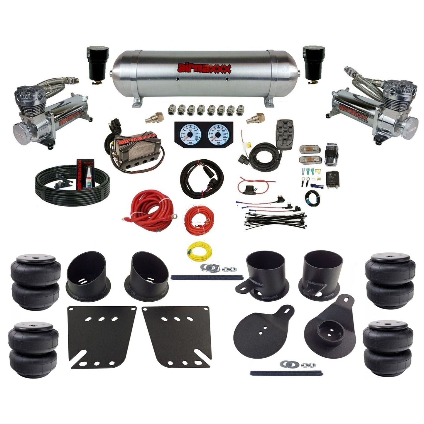 airmaxxx 3/8 Manifold Bags 480 chrome Compressors aluminum tank Air lift bags Air Ride Suspension Kit KIMP58-480C2-57ARW-X4X7-WK-HFD25