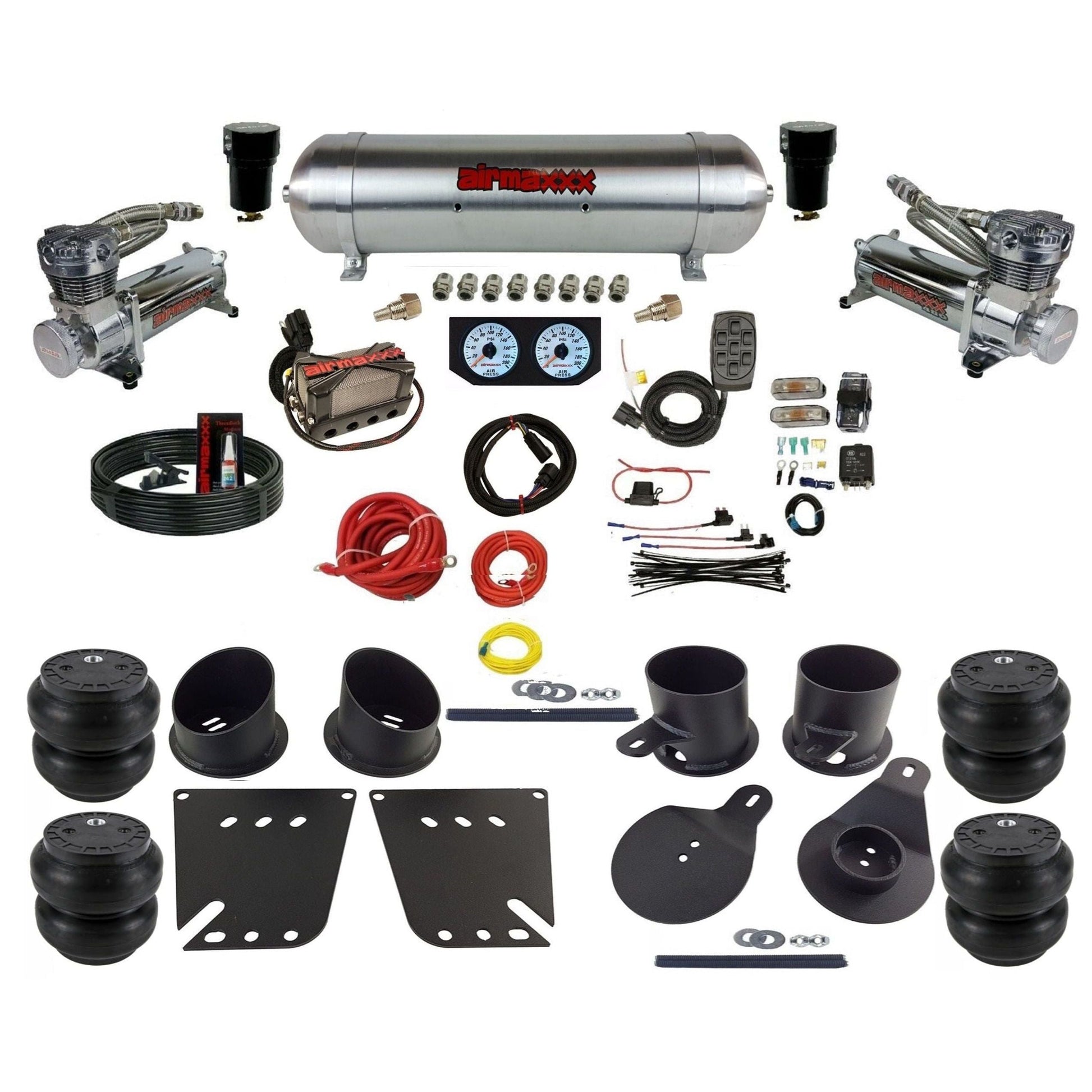 airmaxxx 3/8 Manifold Bags 480 chrome Compressors aluminum tank Slam bags Air Ride Suspension Kit KIMP58-480C2-57ARW-X4X7-WK-HFSS7