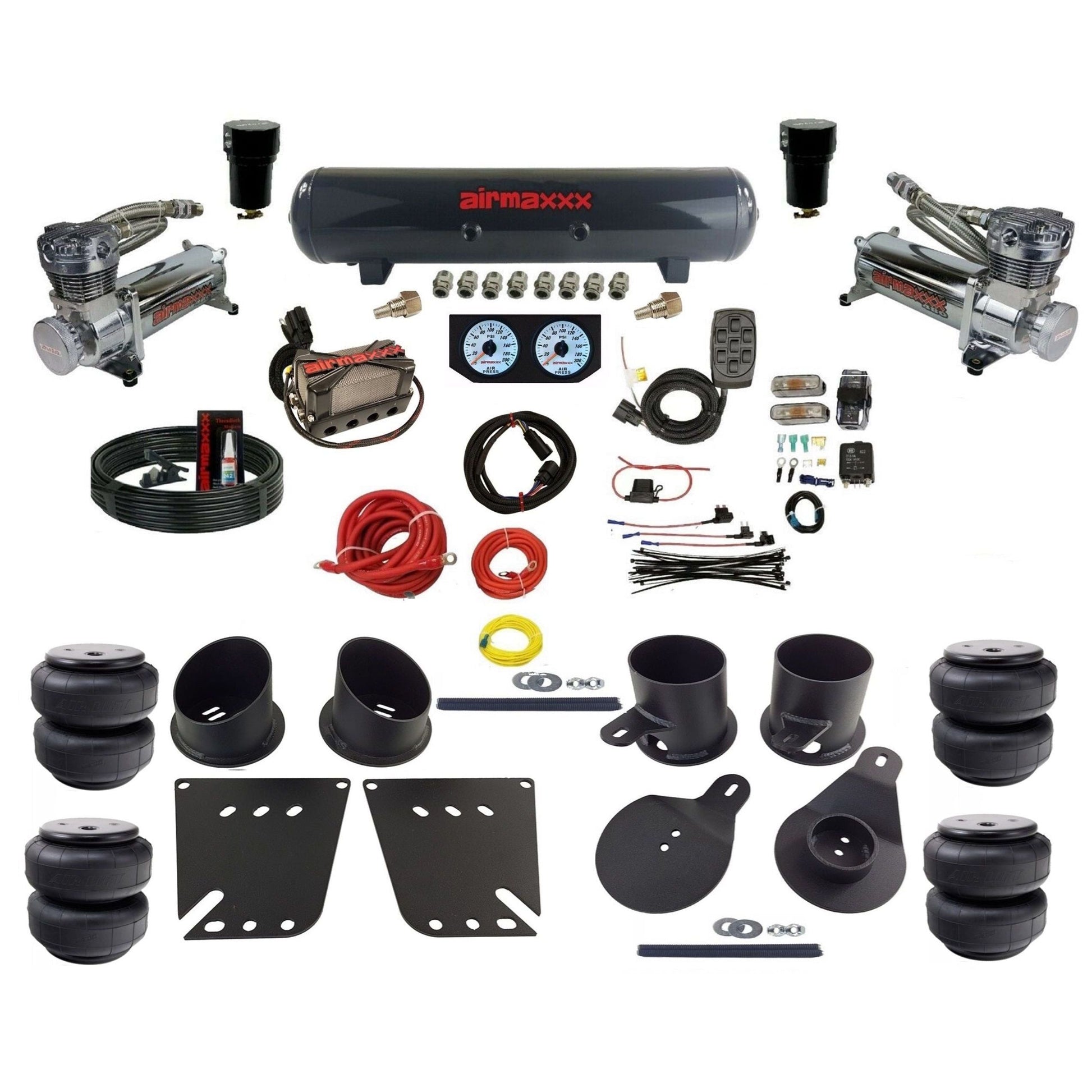 airmaxxx 3/8 Manifold Bags 480 chrome Compressors steel tank air lift bags Air Ride Suspension Kit Fits 1958-64 Impala KIMP58-480C2-57S-X4X7-WK-HFD25