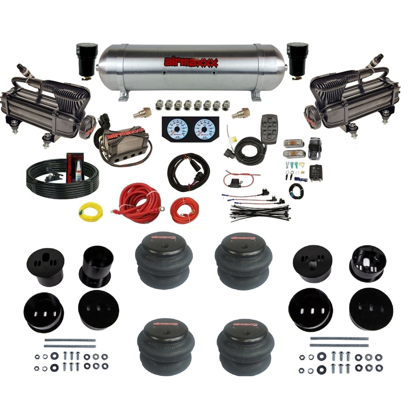 airmaxxx 3/8" X-series air compressor raw aluminum tank 2600 bags & brackets kit for 1958-1960 Cadillac KCAD58-XB2-57ARW-X4X7-WK-HF