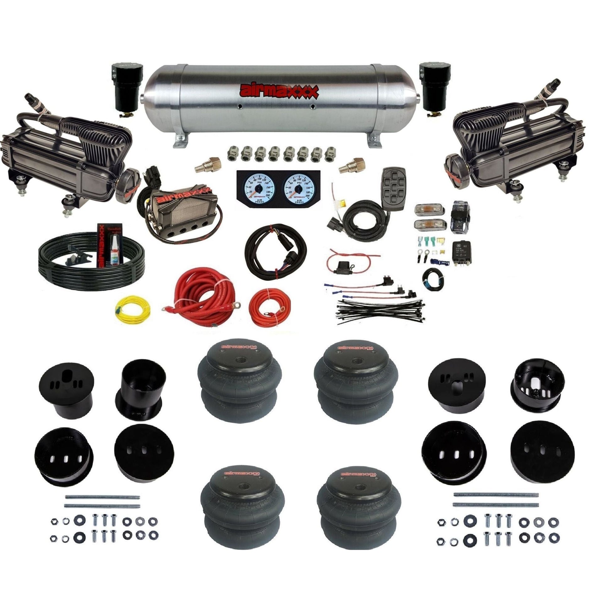 airmaxxx 3/8" X-series air compressor raw aluminum tank 2600 bags & brackets kit for 1958-1960 Cadillac KCAD58-XB2-57ARW-X4X7-WK-HF