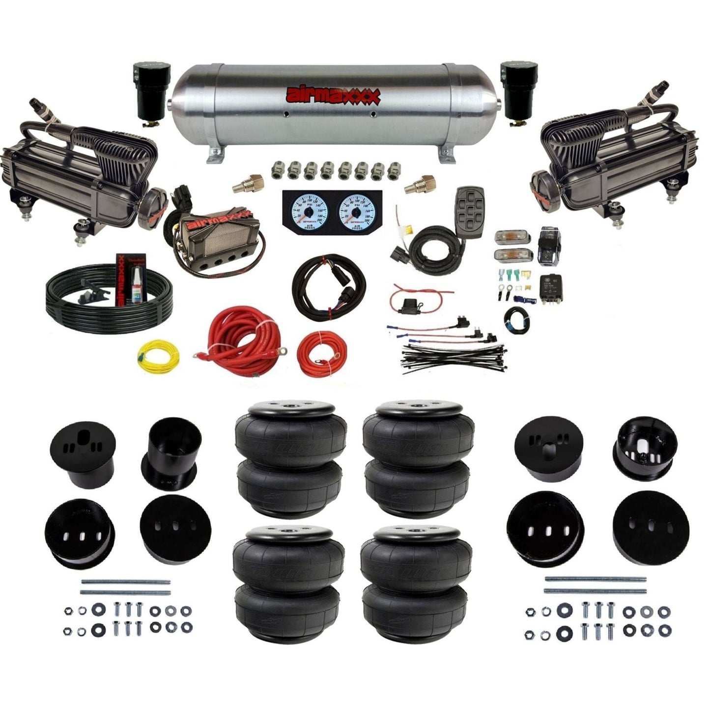 airmaxxx 3/8" X-series air compressor raw aluminum tank Air Lift bags & brackets kit for 1958-1960 Cadillac KCAD58-XB2-57ARW-X4X7-WK-HFD25