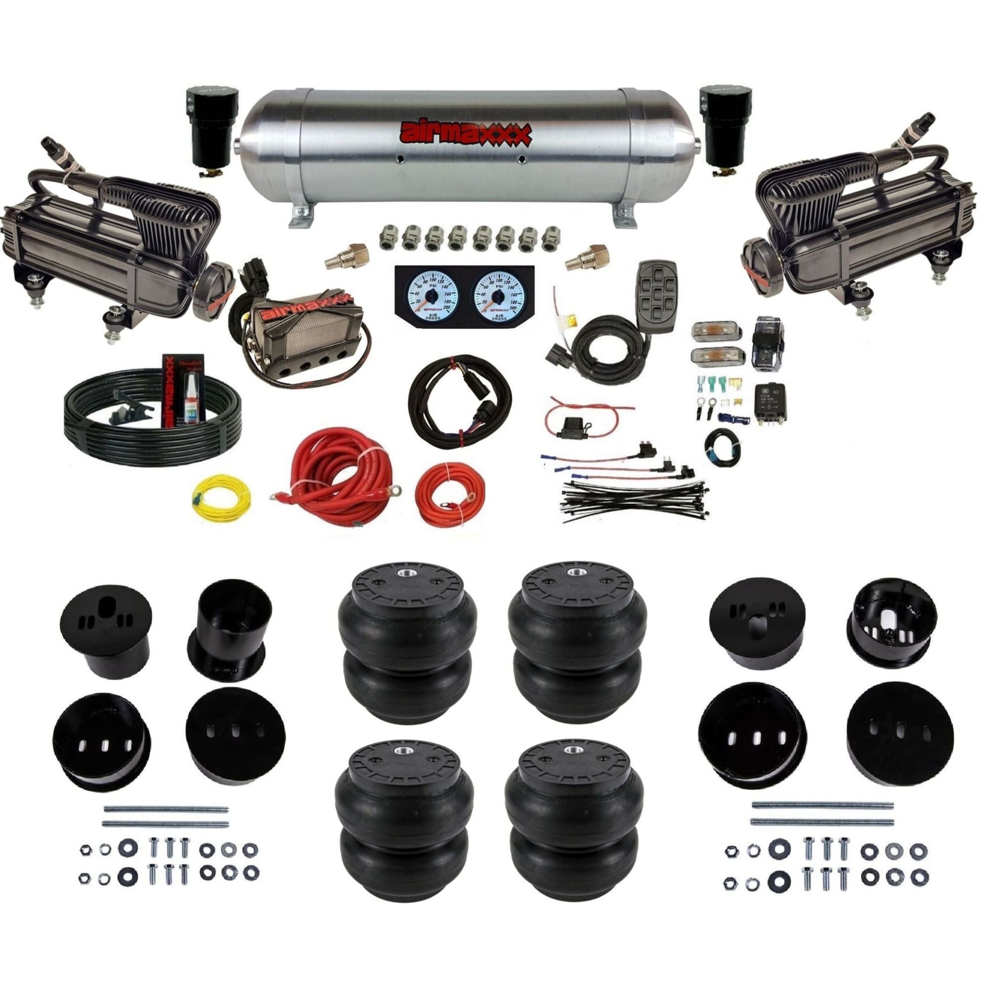 airmaxxx 3/8" X-series air compressor raw aluminum tank Slam bags & brackets kit for 1958-1960 Cadillac KCAD58-XB2-57ARW-X4X7-WK-HFSS7