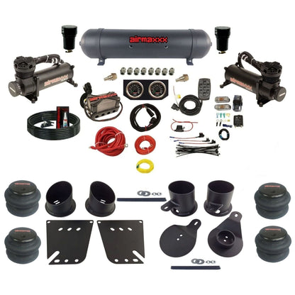 airmaxxx 3/8 air ride kit with dual 480 compressors aluminum tank and 2600 bags with brackets and fittings KIMP58-480B2-57ABK-X4X7-WK-HF