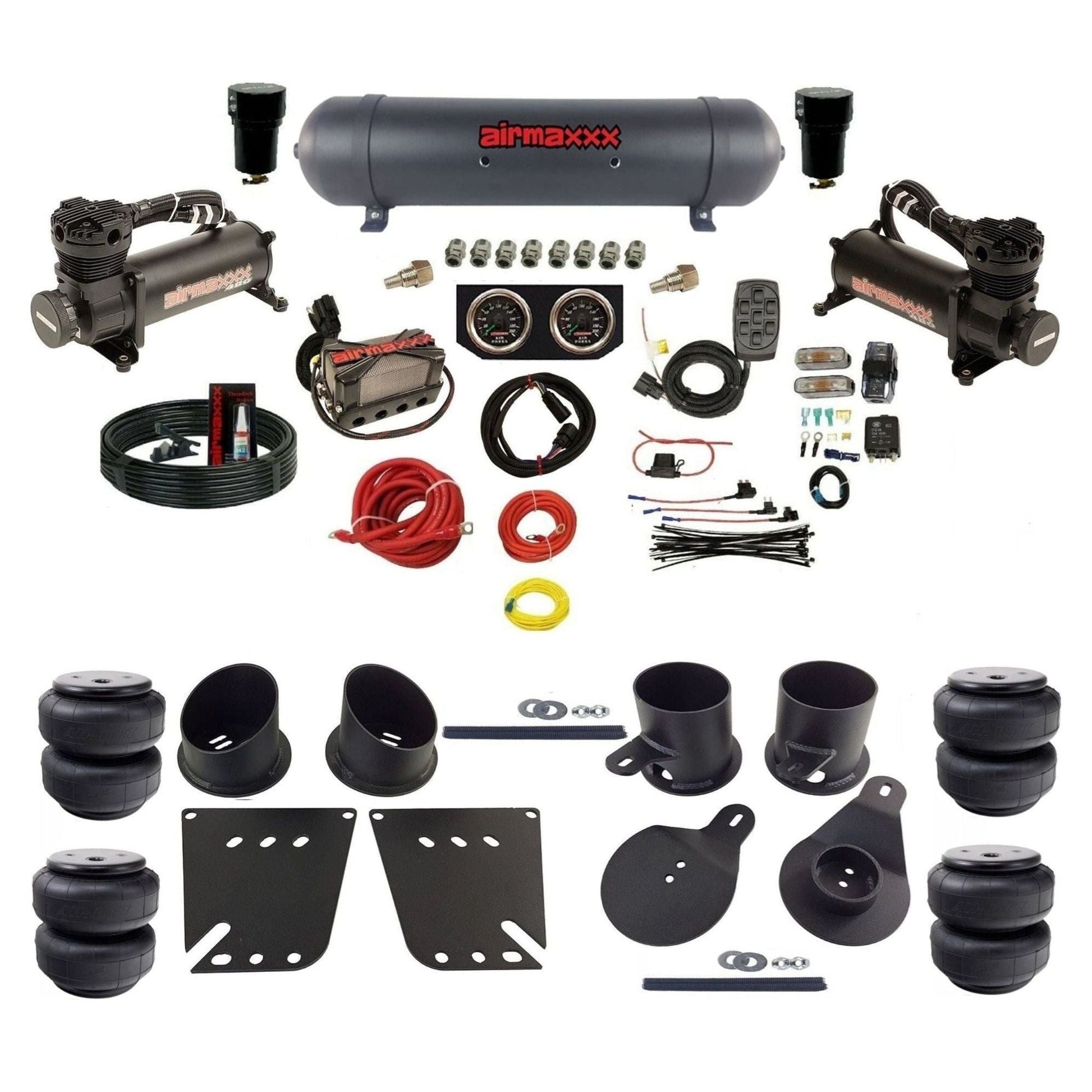 airmaxxx 3/8 air ride kit with dual 480 compressors aluminum tank and air lift bags with brackets and fittings KIMP58-480B2-57ABK-X4X7-WK-HFD25