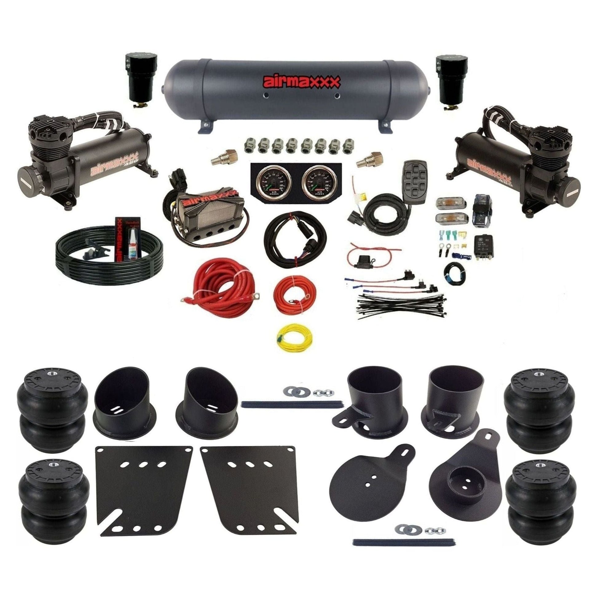 airmaxxx 3/8 air ride kit with dual 480 compressors aluminum tank and slam bags with brackets and fittings KIMP58-480B2-57ABK-X4X7-WK-HFSS7