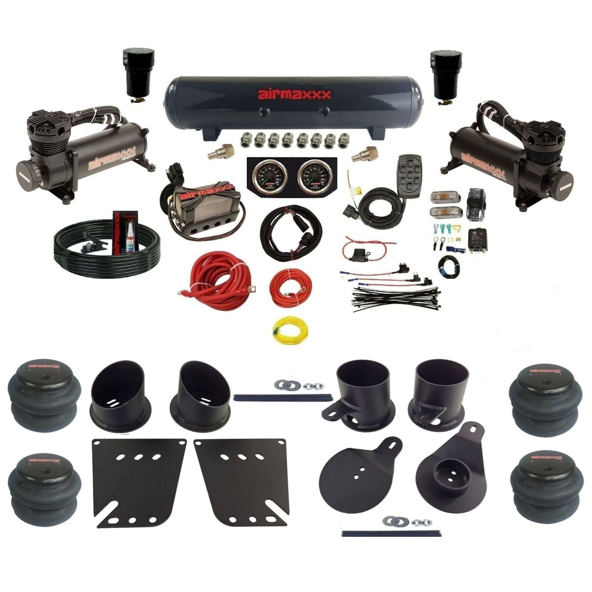 airmaxxx 3/8 air ride kit with dual black 480 compressors steel tank and 2500 bags with brackets and fittings KIMP58-480B2-57S-X4X7-WK-HF