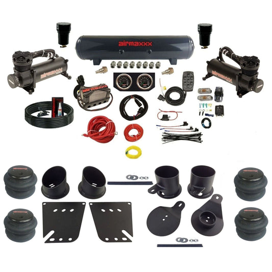 airmaxxx 3/8 air ride kit with dual black 480 compressors steel tank and 2500 bags with brackets and fittings KIMP58-480B2-57S-X4X7-WK-HF
