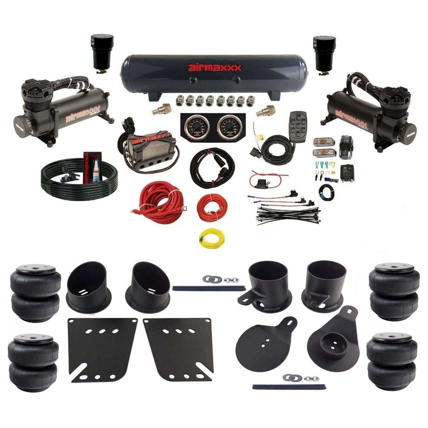airmaxxx 3/8 air ride kit with dual black 480 compressors steel tank and air lift bags with brackets and fittings KIMP58-480B2-57S-X4X7-WK-HFD25