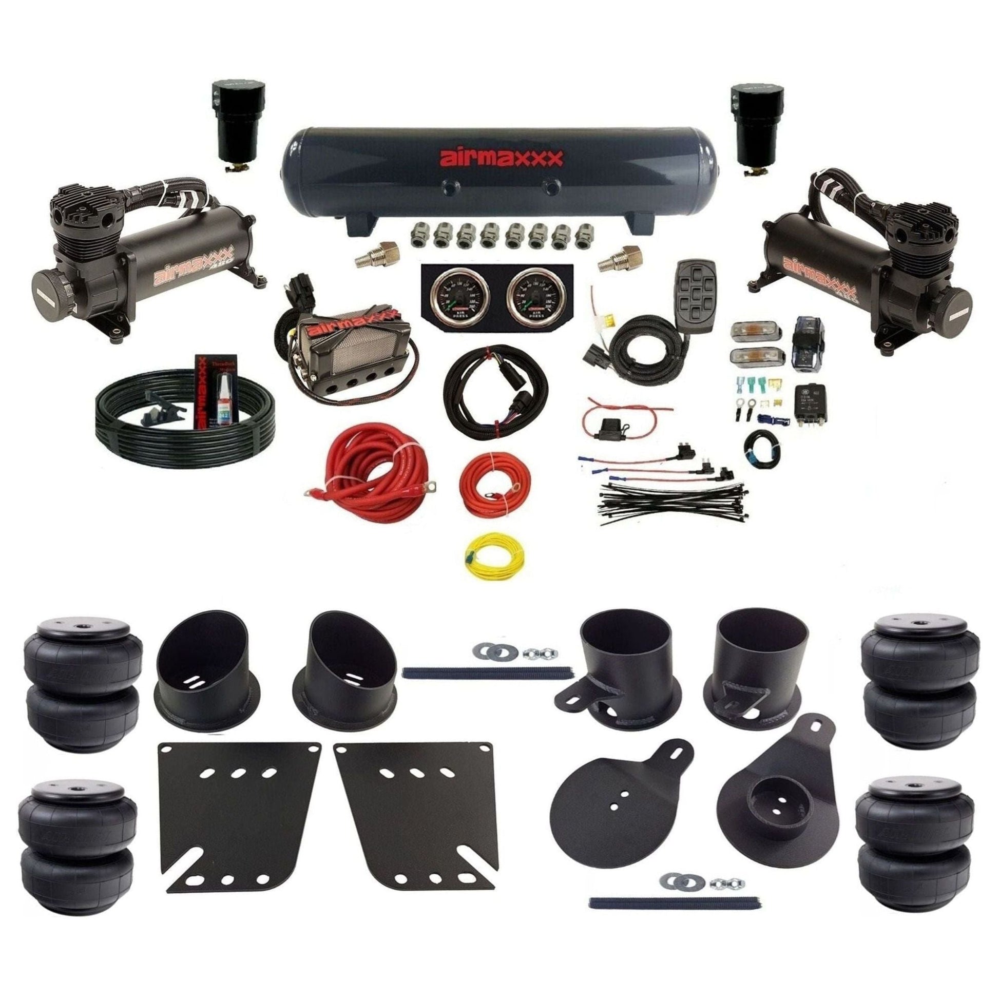 airmaxxx 3/8 air ride kit with dual black 480 compressors steel tank and air lift bags with brackets and fittings KIMP58-480B2-57S-X4X7-WK-HFD25