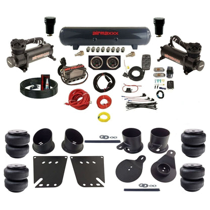 airmaxxx 3/8 air ride kit with dual black 480 compressors steel tank and air lift bags with brackets and fittings KIMP58-480B2-57S-X4X7-WK-HFD25