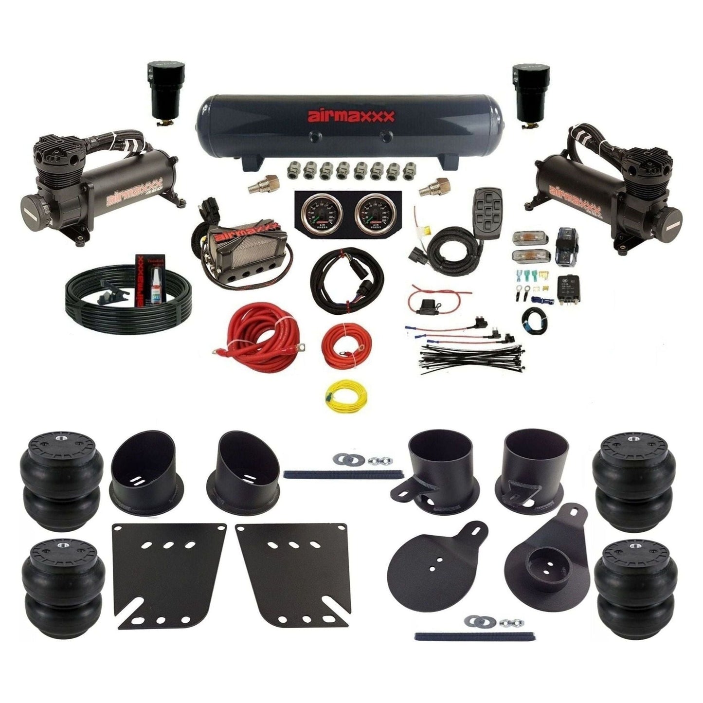 airmaxxx 3/8 air ride kit with dual black 480 compressors steel tank and slam bags with brackets and fittings KIMP58-480B2-57S-X4X7-WK-HFSS7