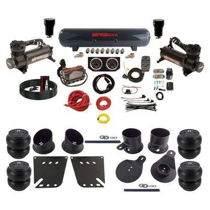 airmaxxx 3/8 air ride kit with dual black 480 compressors steel tank and slam bags with brackets and fittings KIMP58-480B2-57S-X4X7-WK-HFSS7