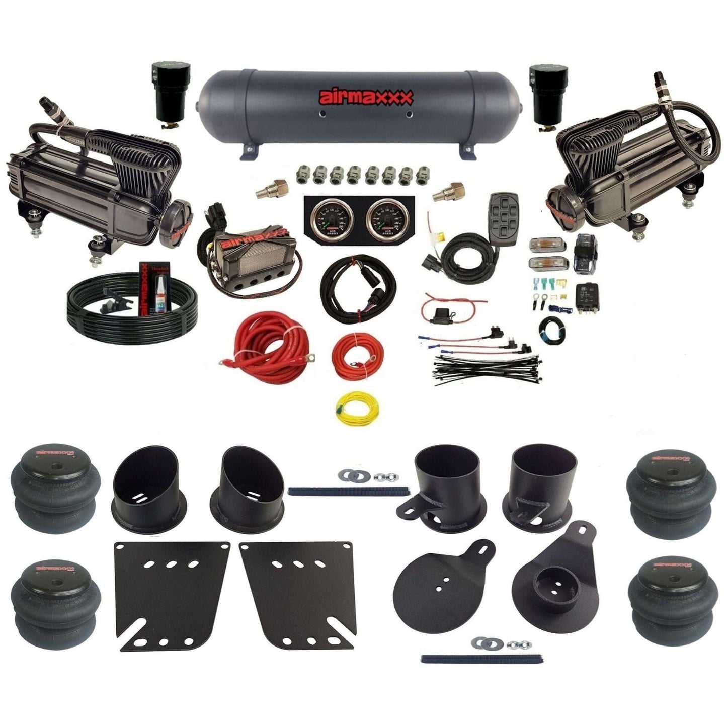 airmaxxx 3/8 air ride kit with dual x-series compressors aluminum tank and 2600 bags with brackets and fittings KIMP58-XB2-57ABK-X4X7-WK-HF
