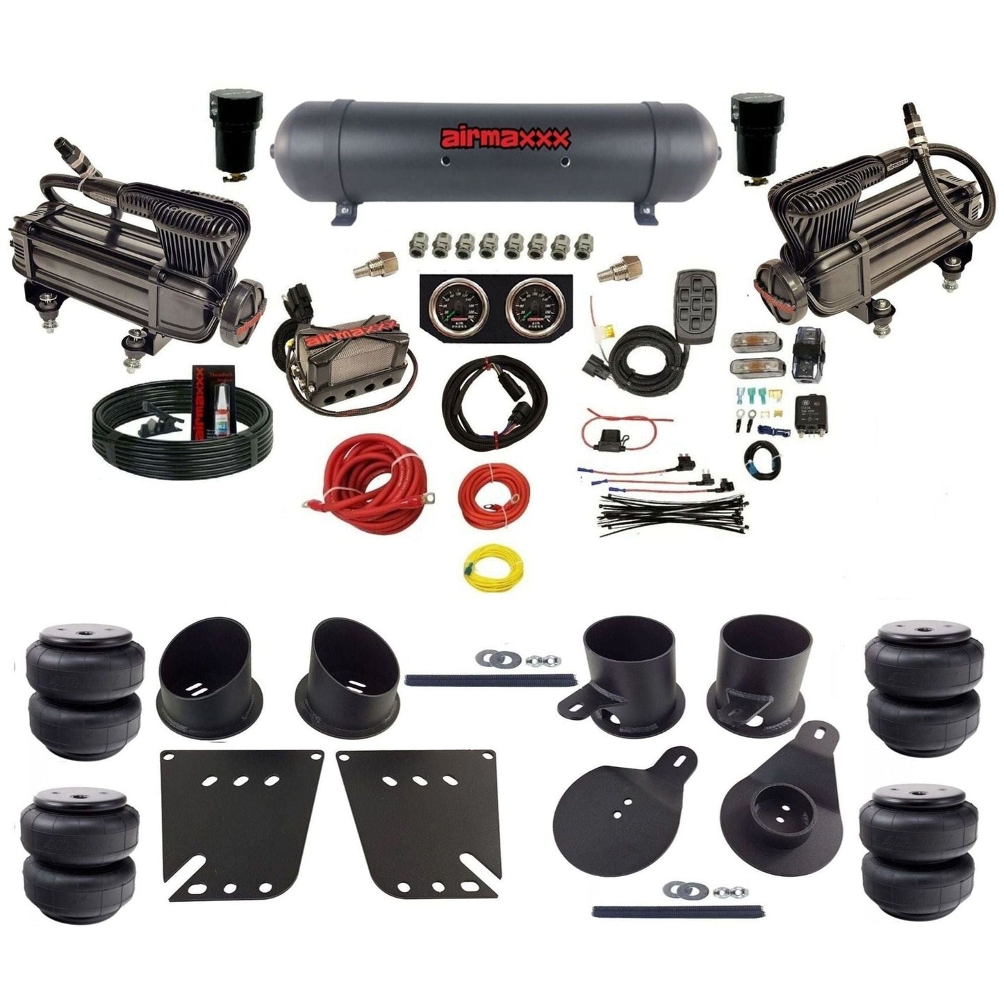 airmaxxx 3/8 air ride kit with dual x-series compressors aluminum tank and air lift bags with brackets and fittings KIMP58-XB2-57ABK-X4X7-WK-HFD25
