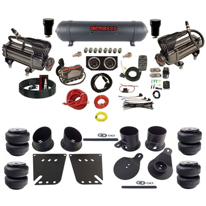 airmaxxx 3/8 air ride kit with dual x-series compressors aluminum tank and air lift bags with brackets and fittings KIMP58-XB2-57ABK-X4X7-WK-HFD25