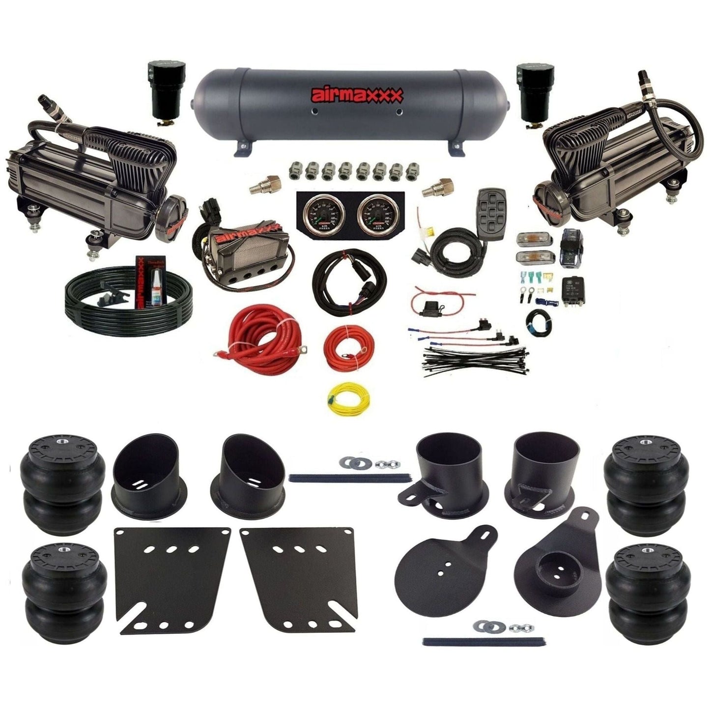airmaxxx 3/8 air ride kit with dual x-series compressors aluminum tank and slam bags with brackets and fittings KIMP58-XB2-57ABK-X4X7-WK-HFSS7