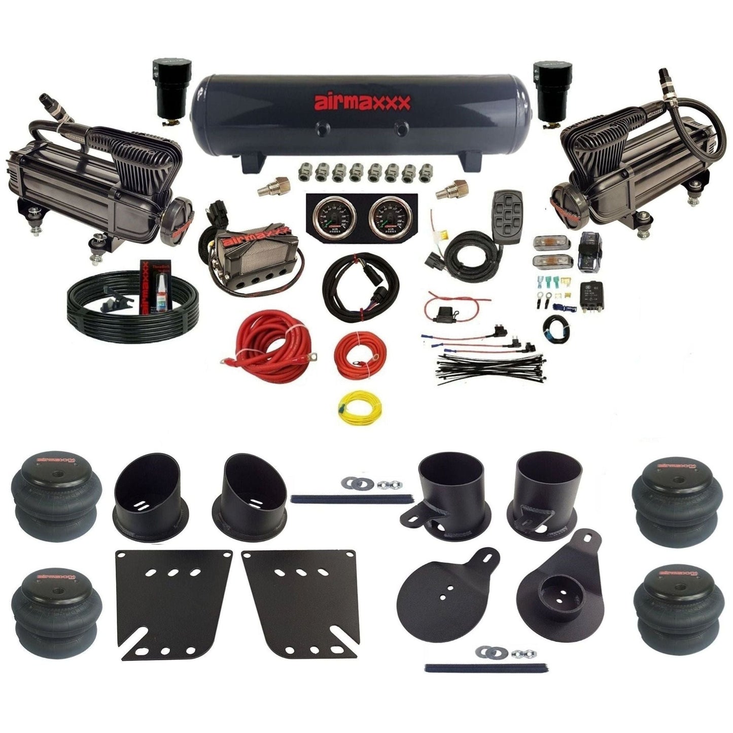 airmaxxx 3/8 air ride kit with dual x-series compressors steel tank and 2600 bags with brackets and fittings KIMP58-XB2-57S-X4X7-WK-HF