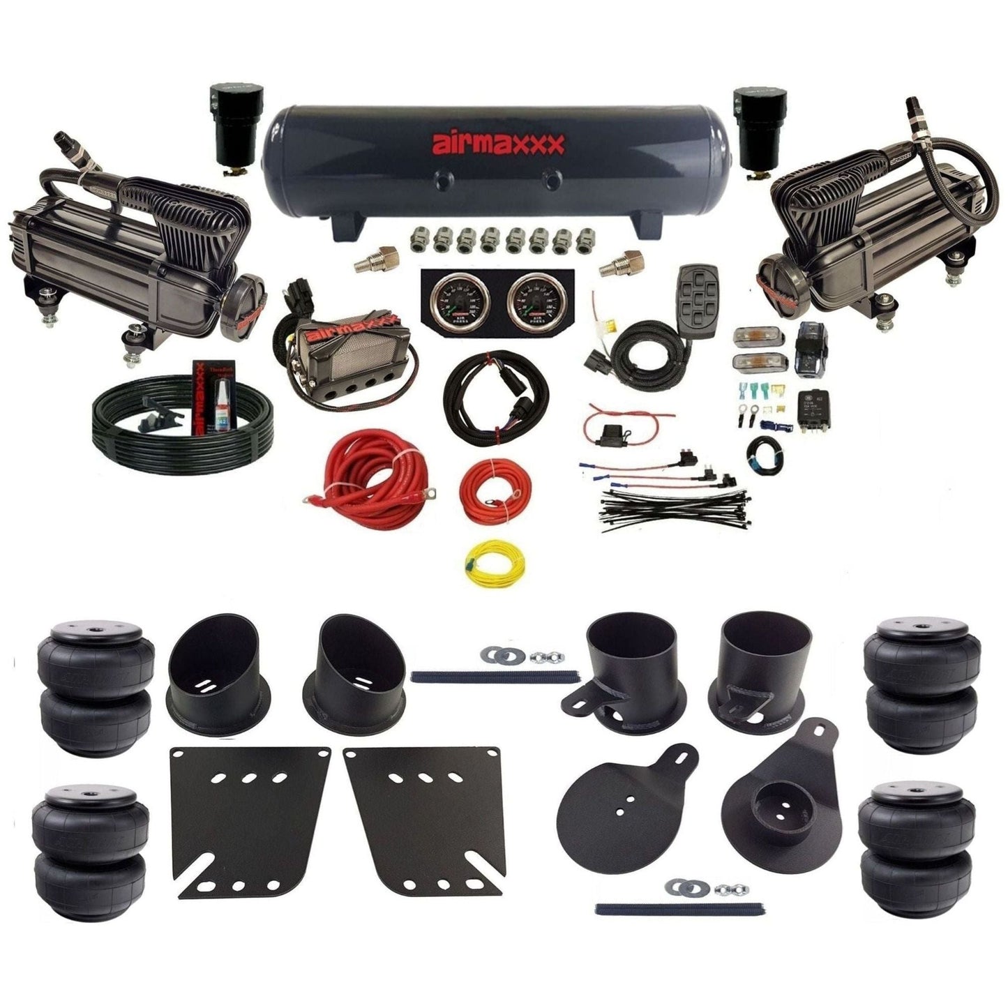 airmaxxx 3/8 air ride kit with dual x-series compressors steel tank and air lift bags with brackets and fittings KIMP58-XB2-57S-X4X7-WK-HFD25