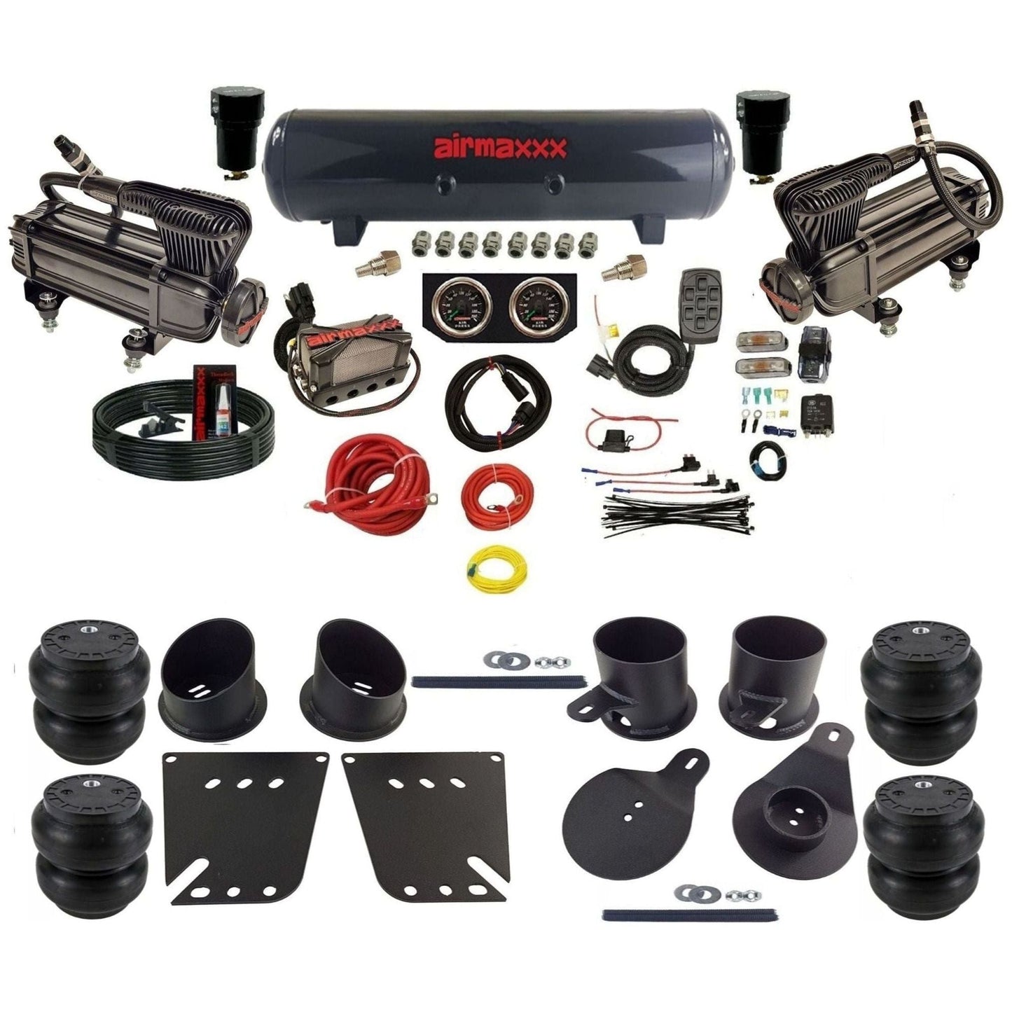 airmaxxx 3/8 air ride kit with dual x-series compressors steel tank and slam bags with brackets and fittings KIMP58-XB2-57S-X4X7-WK-HFSS7