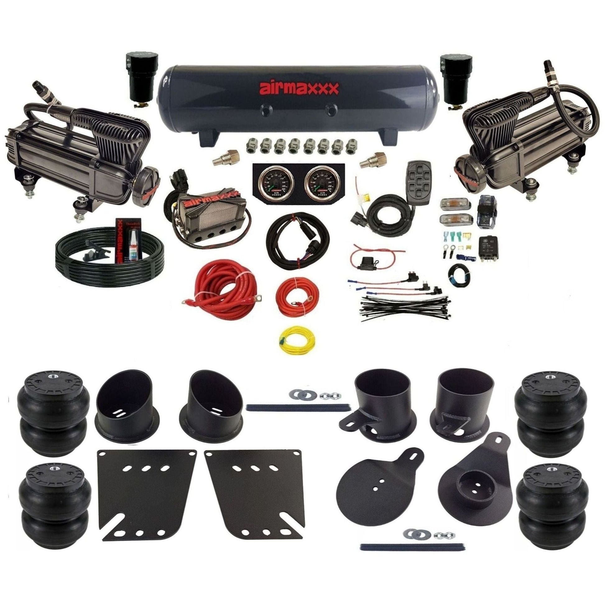 airmaxxx 3/8 air ride kit with dual x-series compressors steel tank and slam bags with brackets and fittings KIMP58-XB2-57S-X4X7-WK-HFSS7