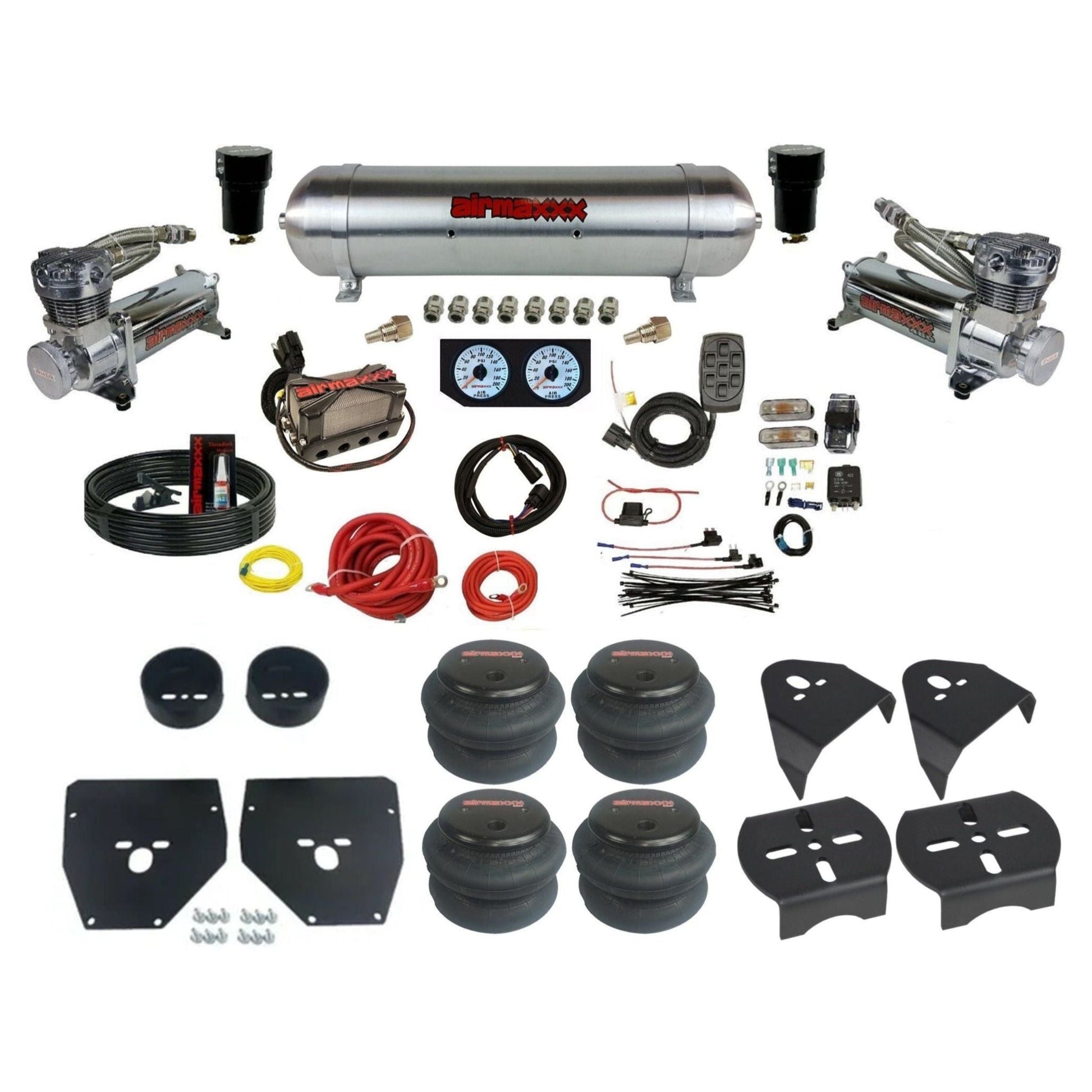 airmaxxx 3/8 air suspension kit w/480 chrome compressors raw aluminum tank & 2600 bags for 1973 1987 chevy gmc c10 KC1073-480C2-57ARW-X4X7-WK-HF